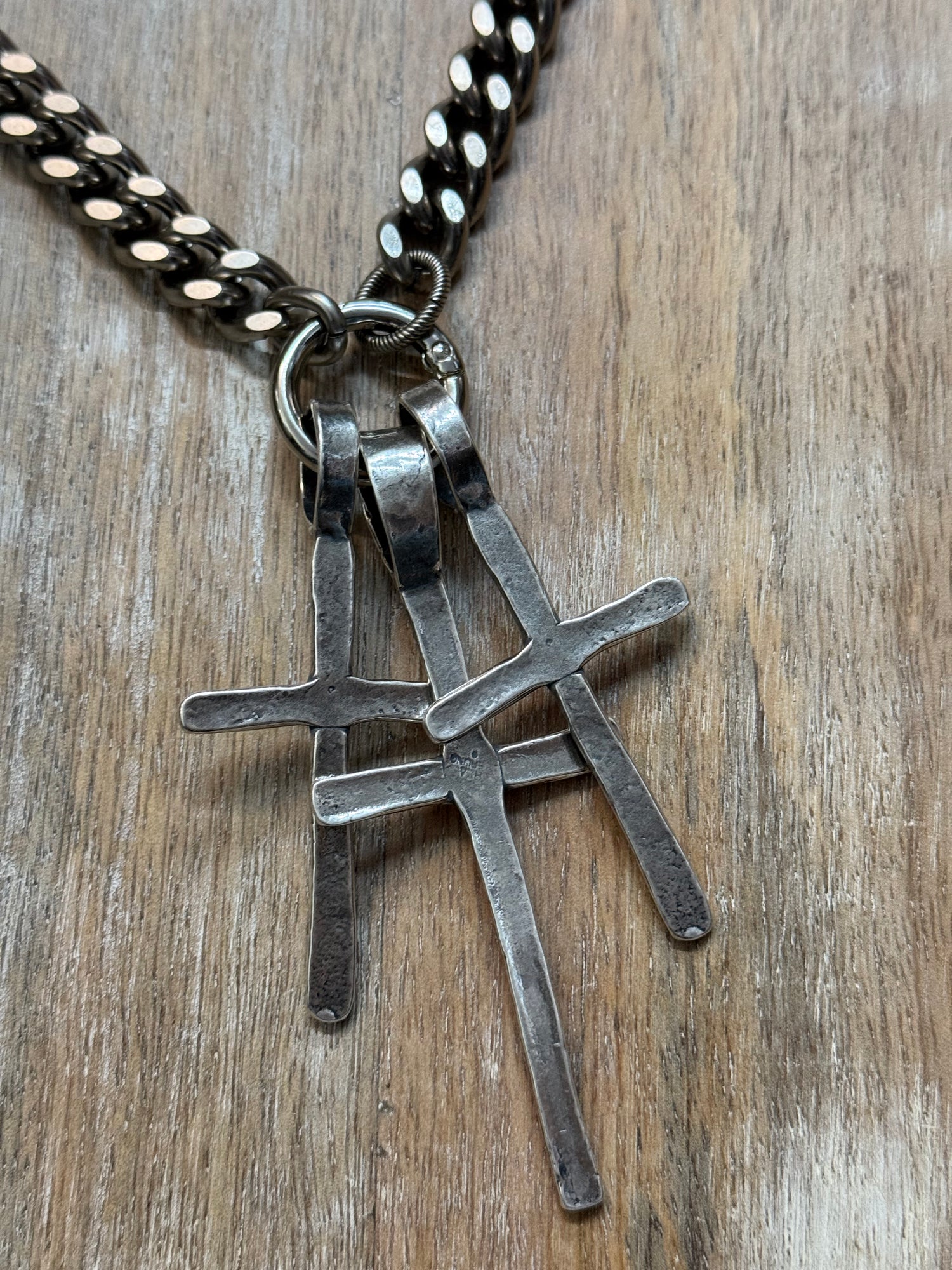 Triple Cross on Curb Chain Necklace
