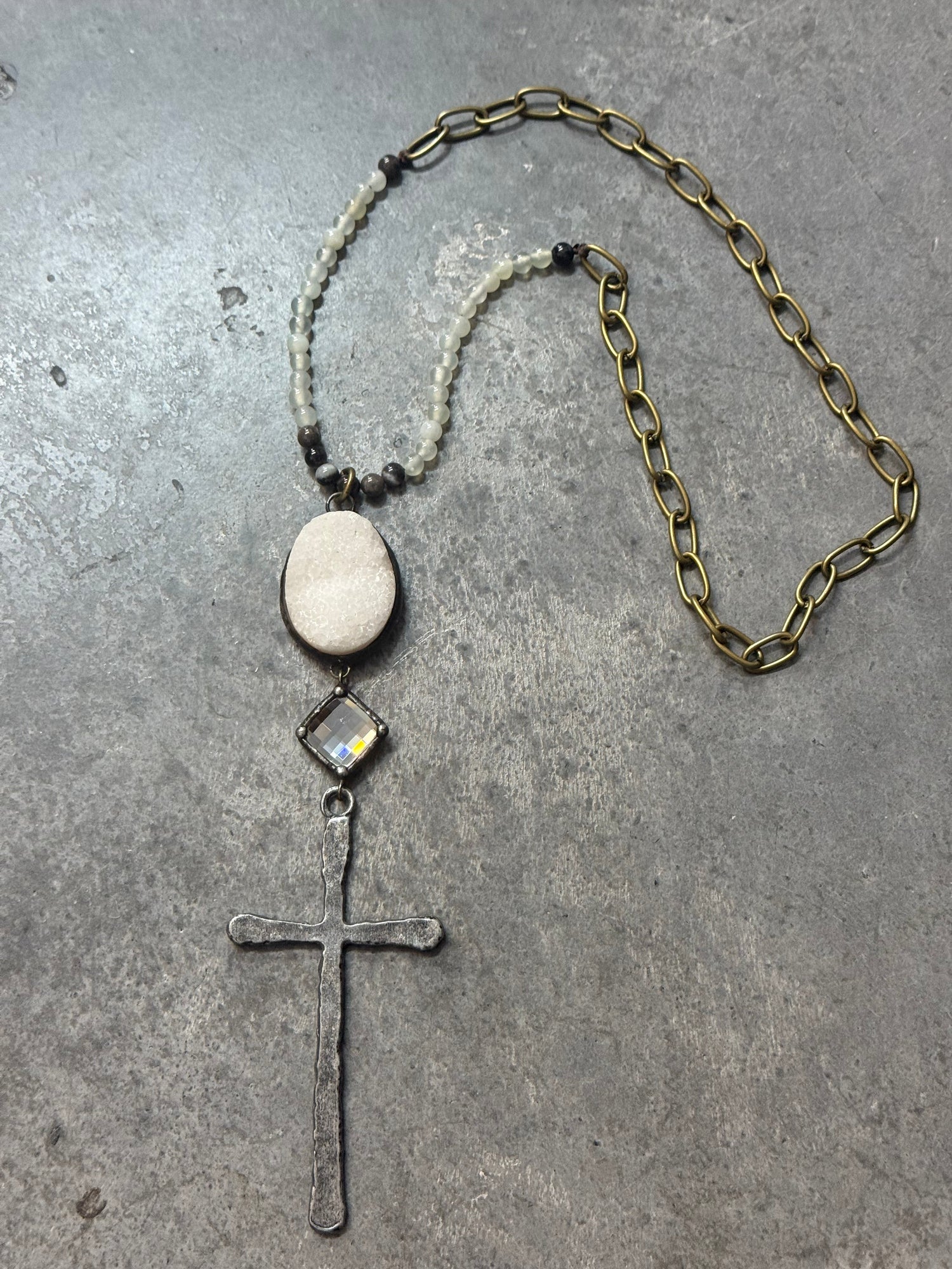Iron Cross and Quartz Necklace
