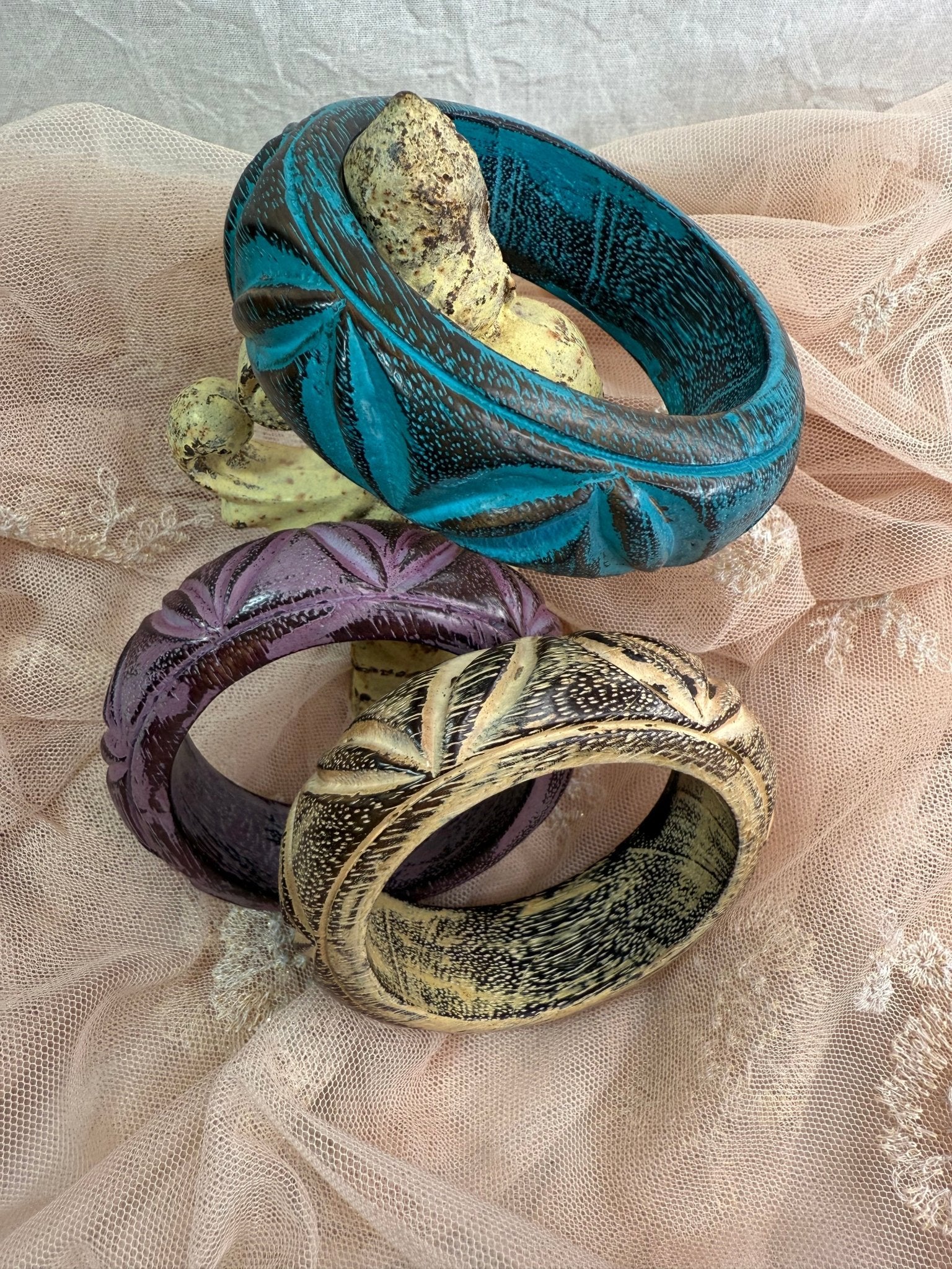 Carved Wooden Bangle Bracelets - Vintage Vault Boutique