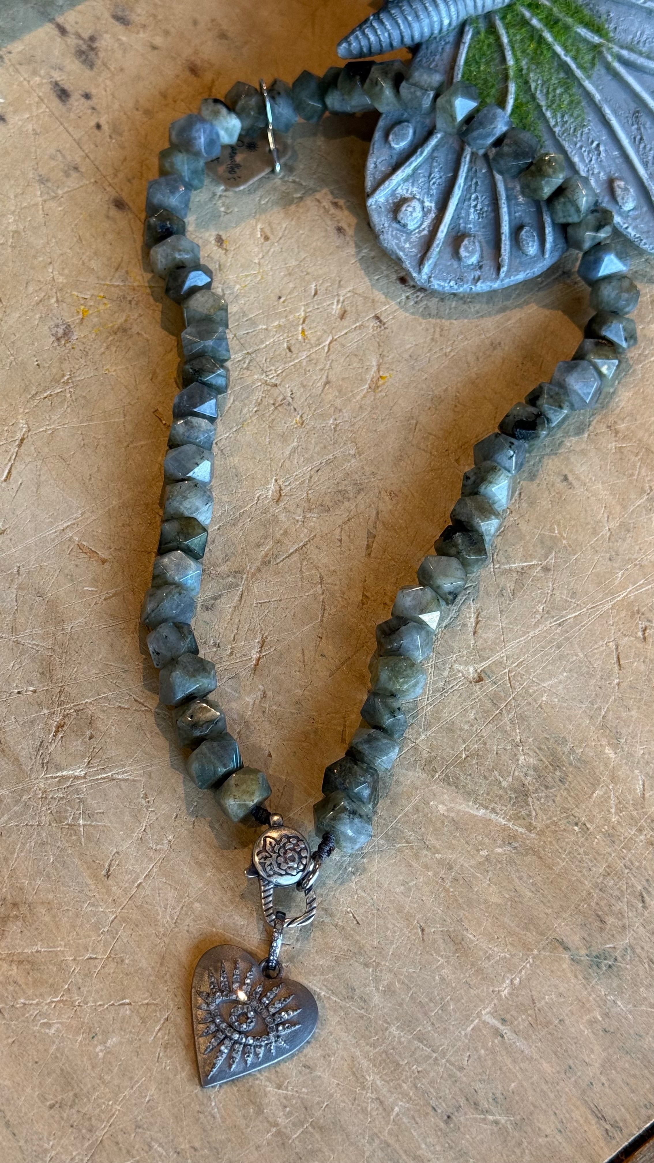 Diamond Evil Eye on Labradorite Charm Holder Necklace