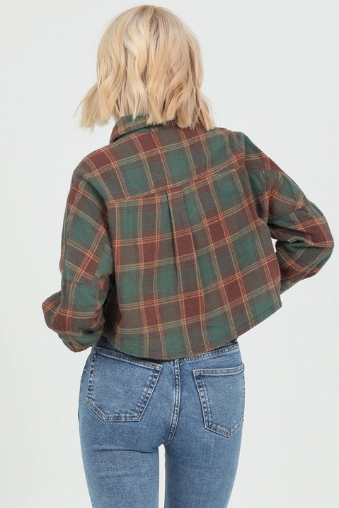 Green Plaid Crop Flannel Top