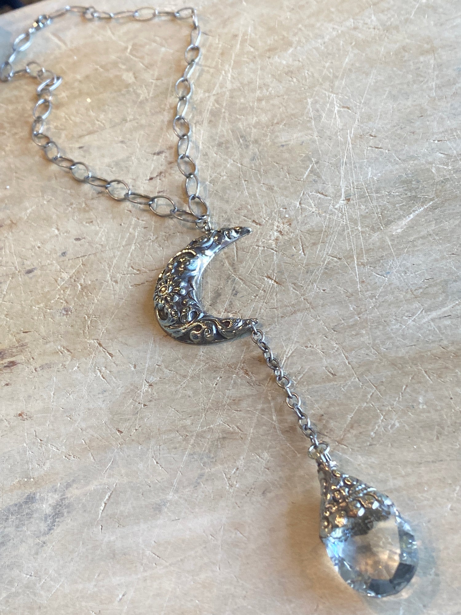 Silver Moon with Crystal Drop Necklace