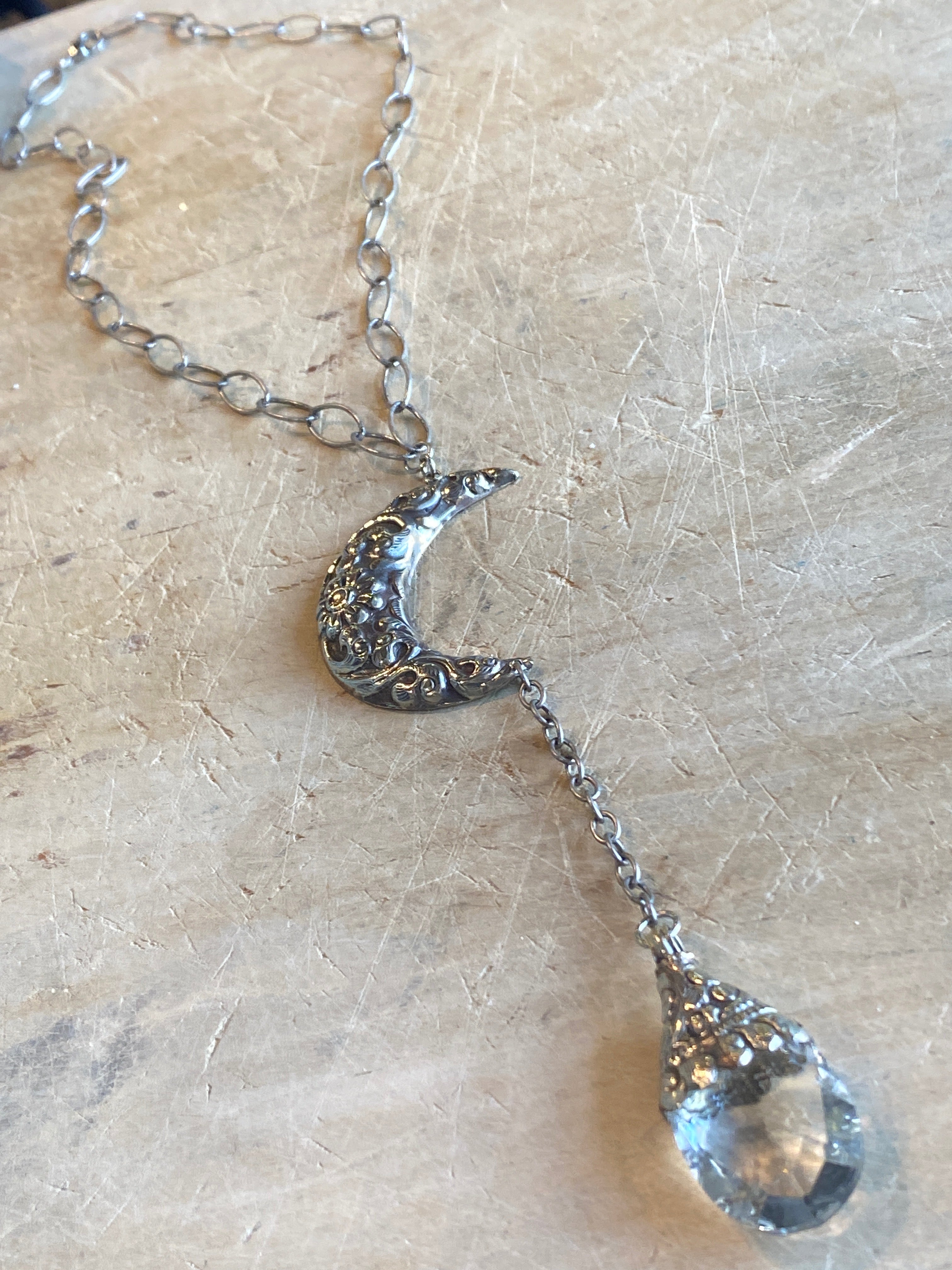 Silver Moon with Crystal Drop Necklace