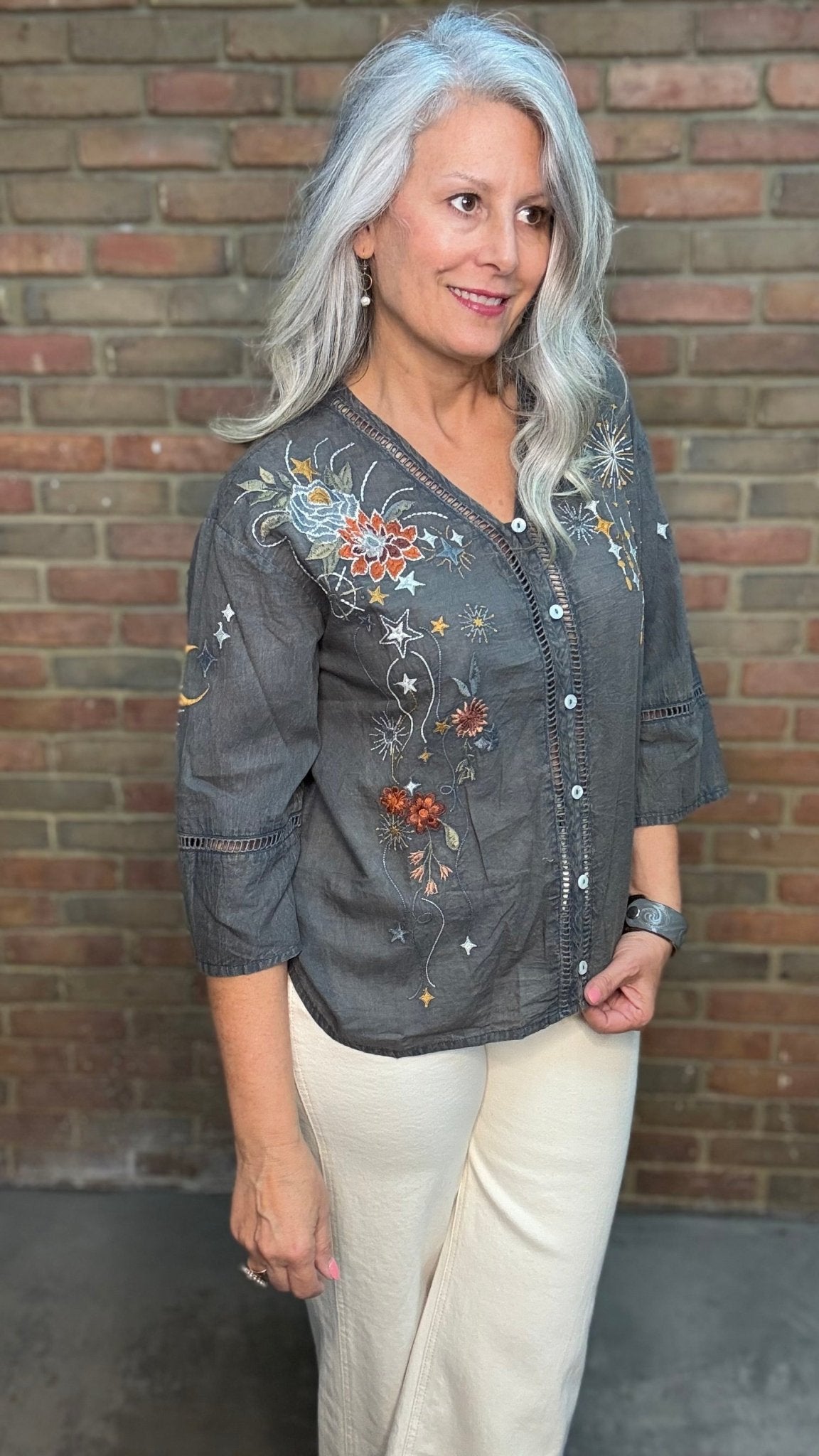 Jovanna - Dark Grey Embroidery Shirt - Vintage Vault Boutique