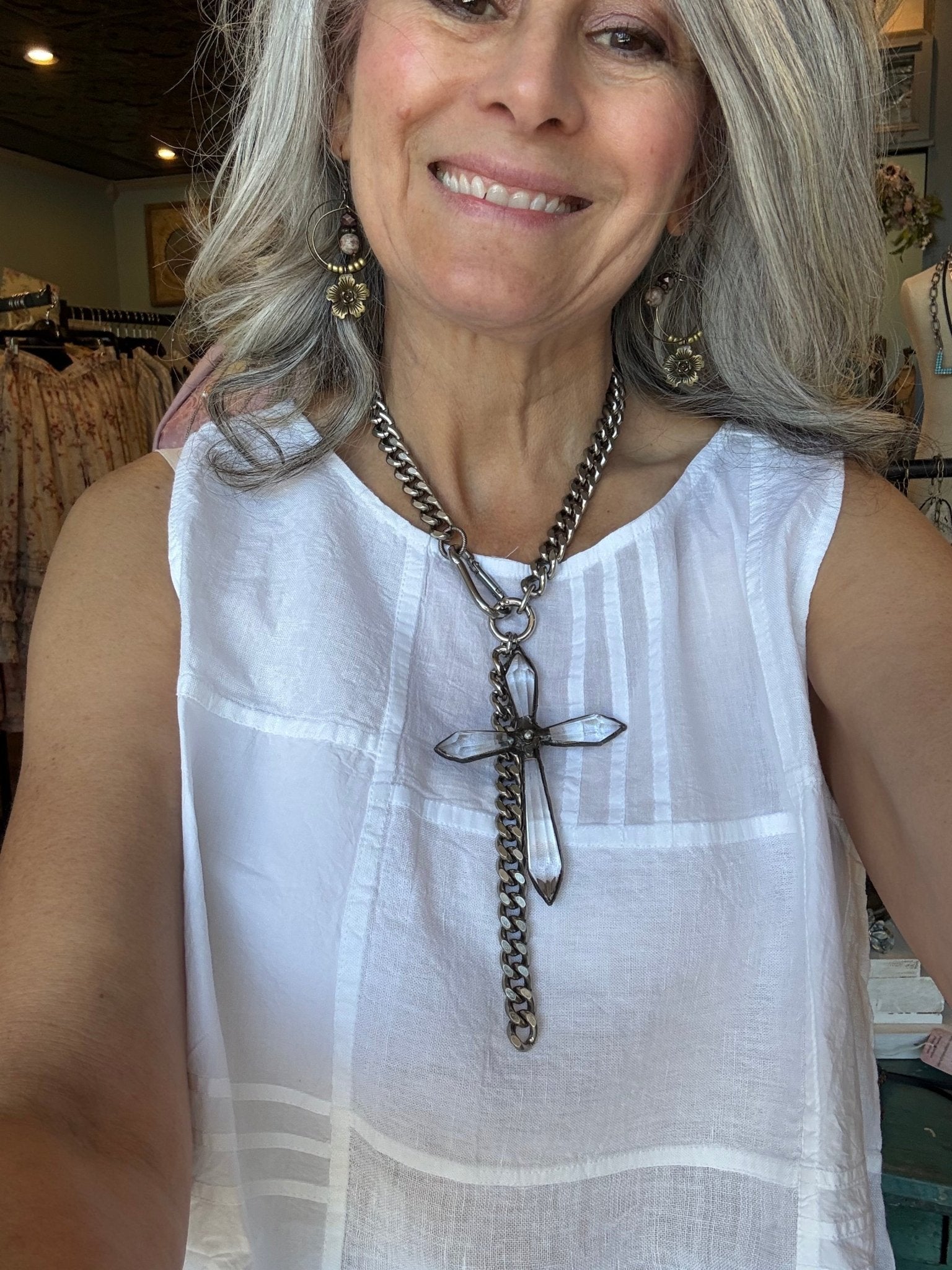 Large Crystal Cross on Curb Chain Necklace - Vintage Vault Boutique