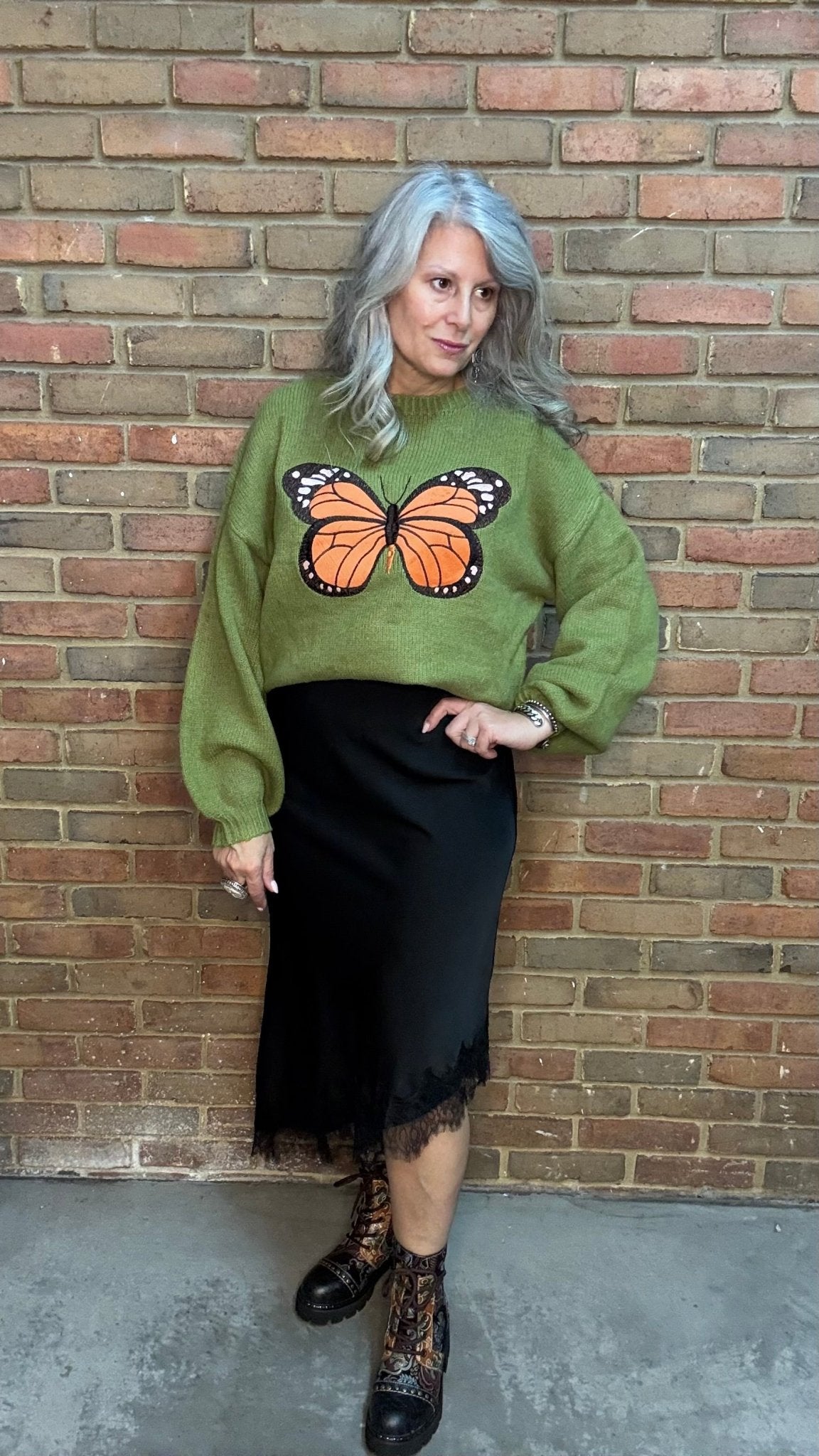 Monarch Butterfly on Green Sweater - Vintage Vault Boutique