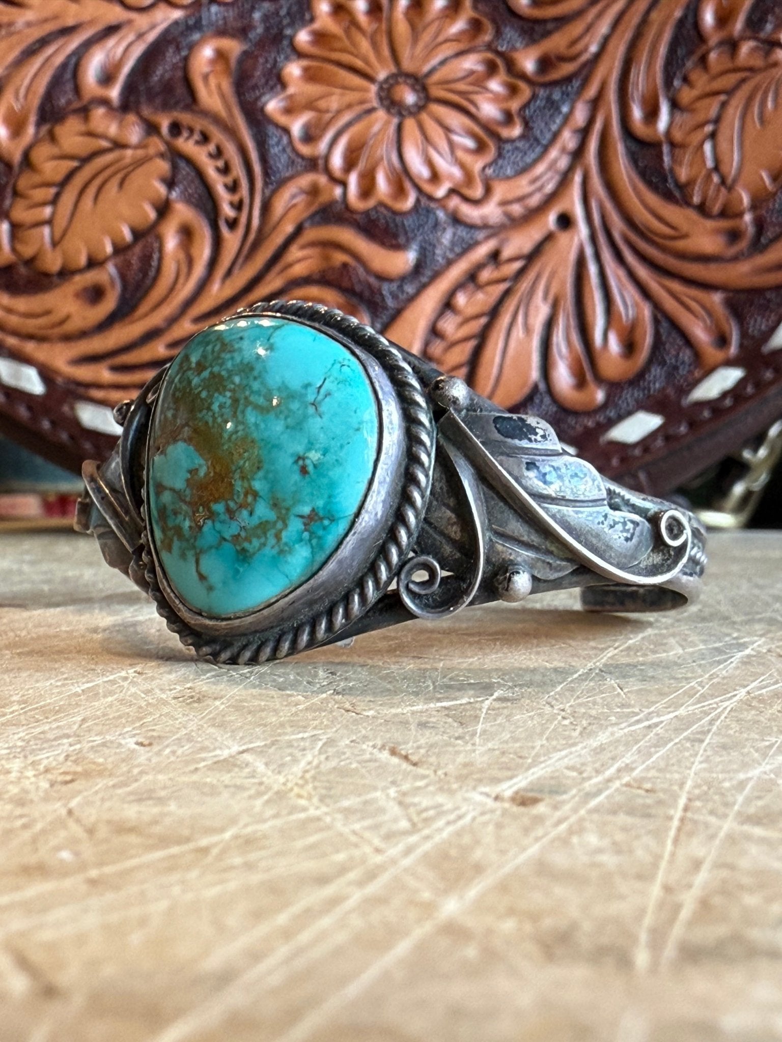 Turquoise Floral Silver Cuff - Vintage Vault Boutique