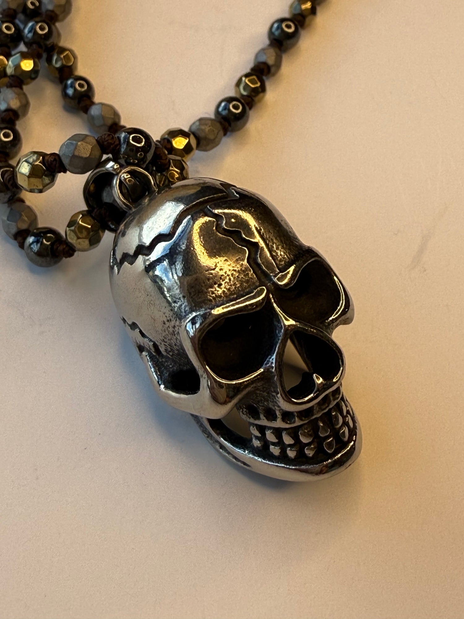 3D Skull on Metallic Beaded Necklace