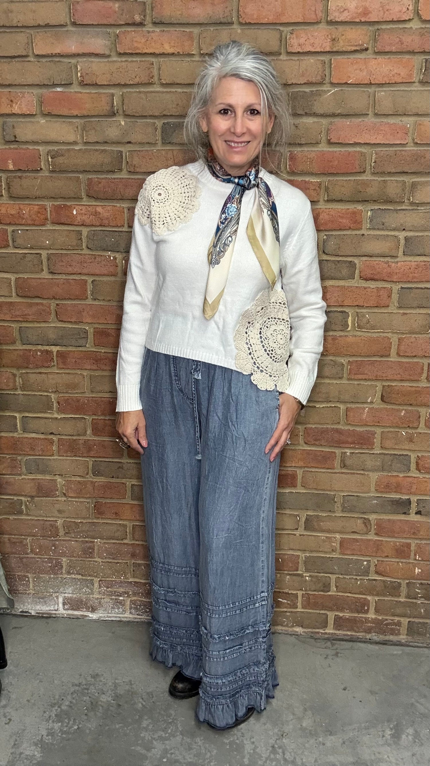 Chambray Palazzo Pants with Ruffles
