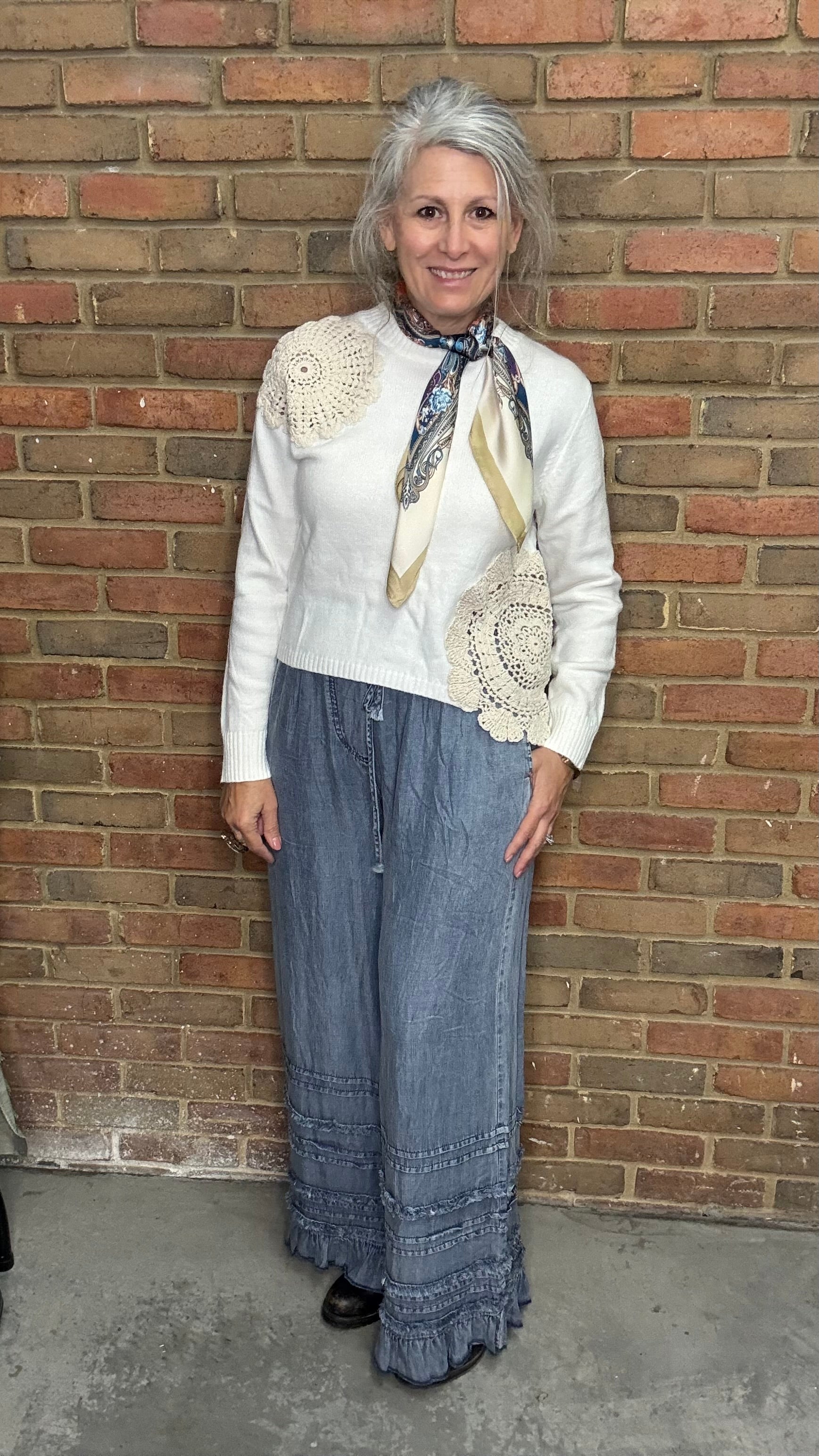 Chambray Palazzo Pants with Ruffles