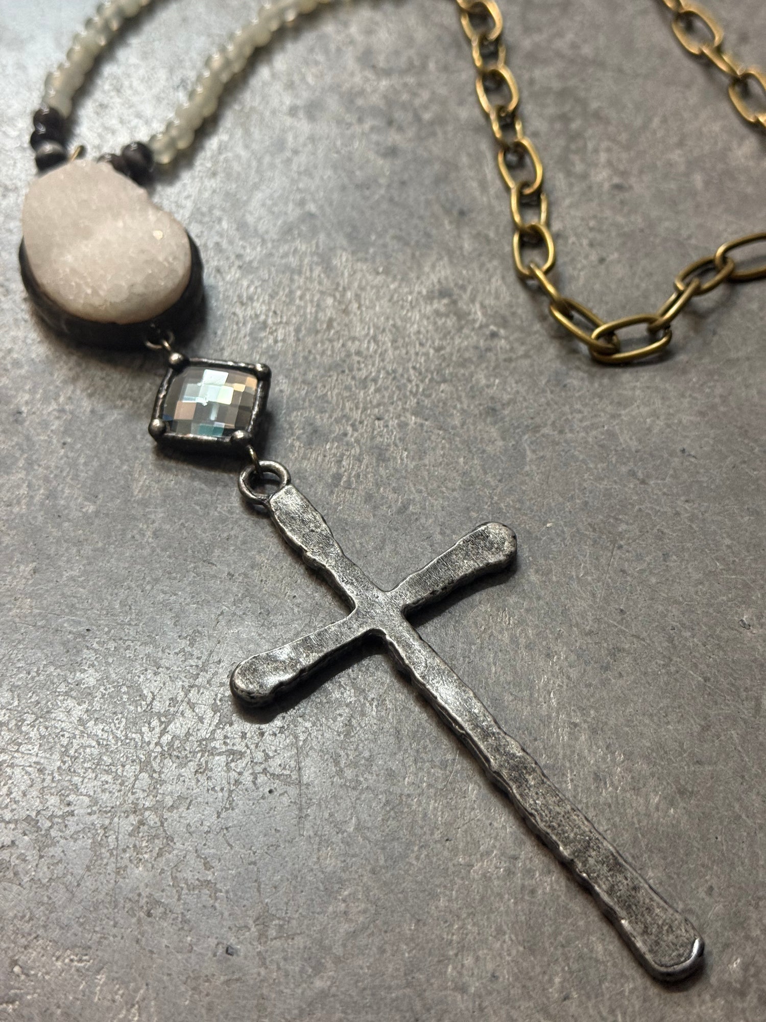 Iron Cross and Quartz Necklace