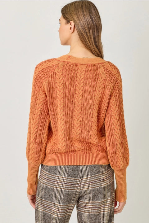 Washed Cable Knit Cardigan - Burnt Orange