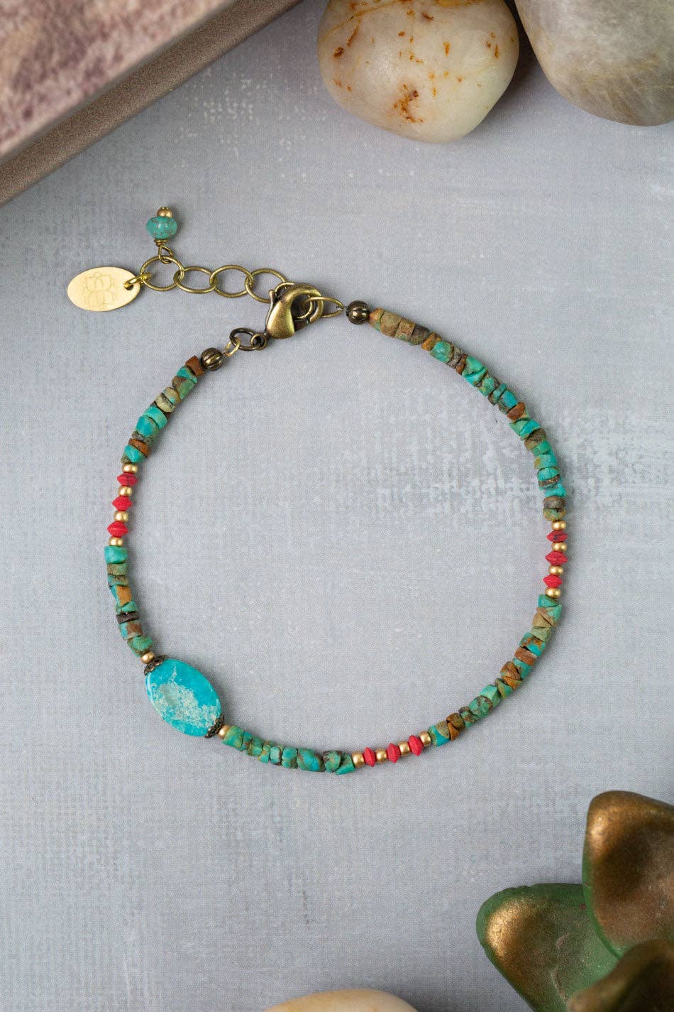 Love One Another 7.5-8.5" Red Coral, Turquoise Simple Bracelet