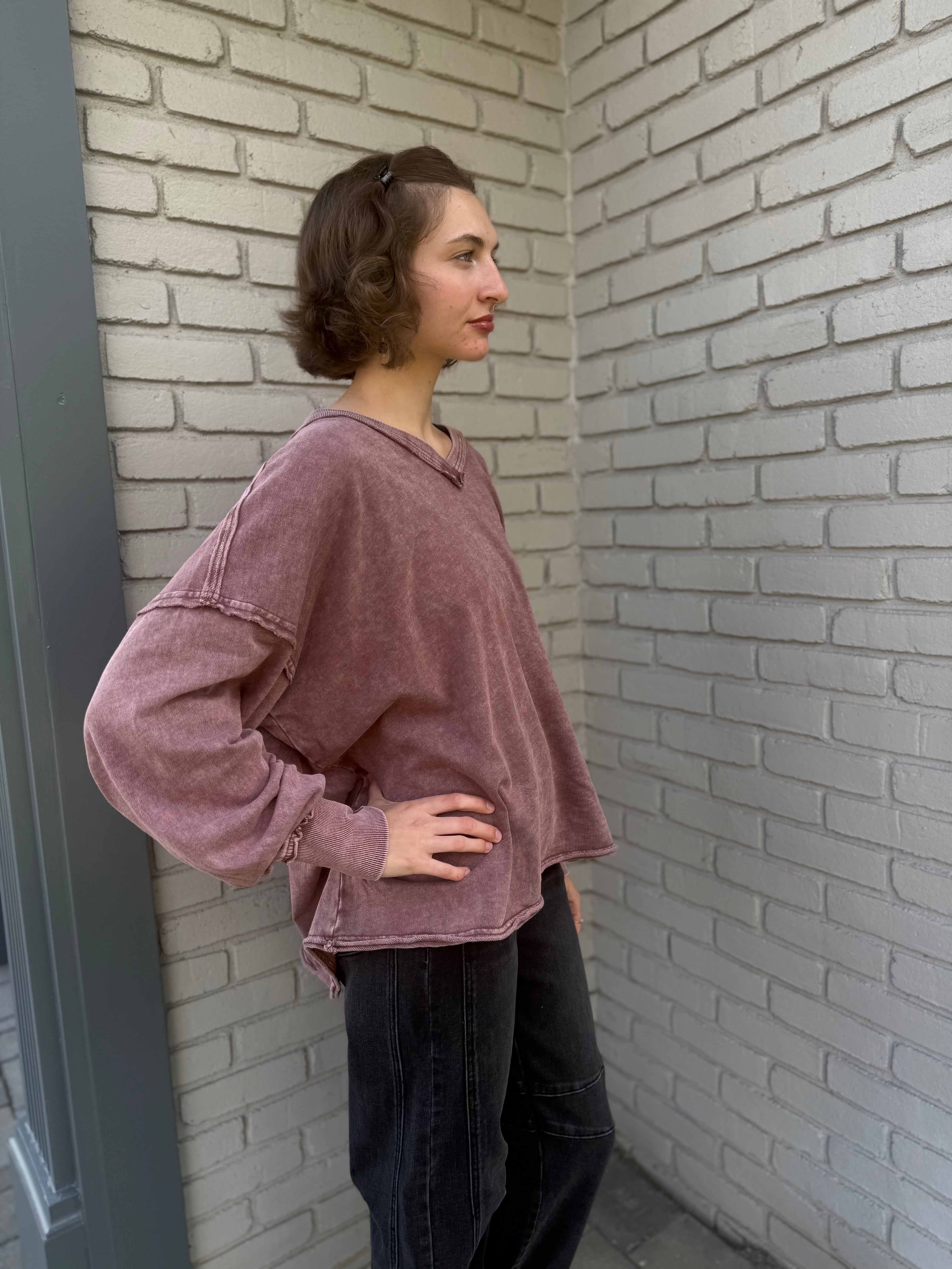 Red Bean V-Neck Oversized Sweatshirt