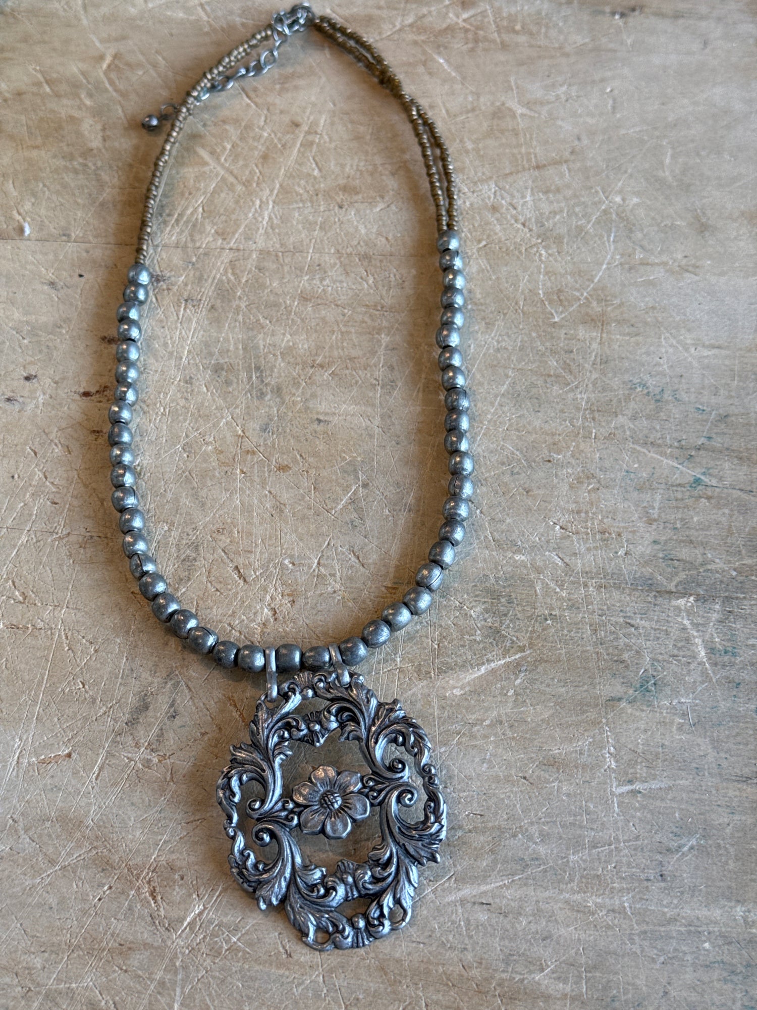 Silver and Seed Bead Necklace with Pendant