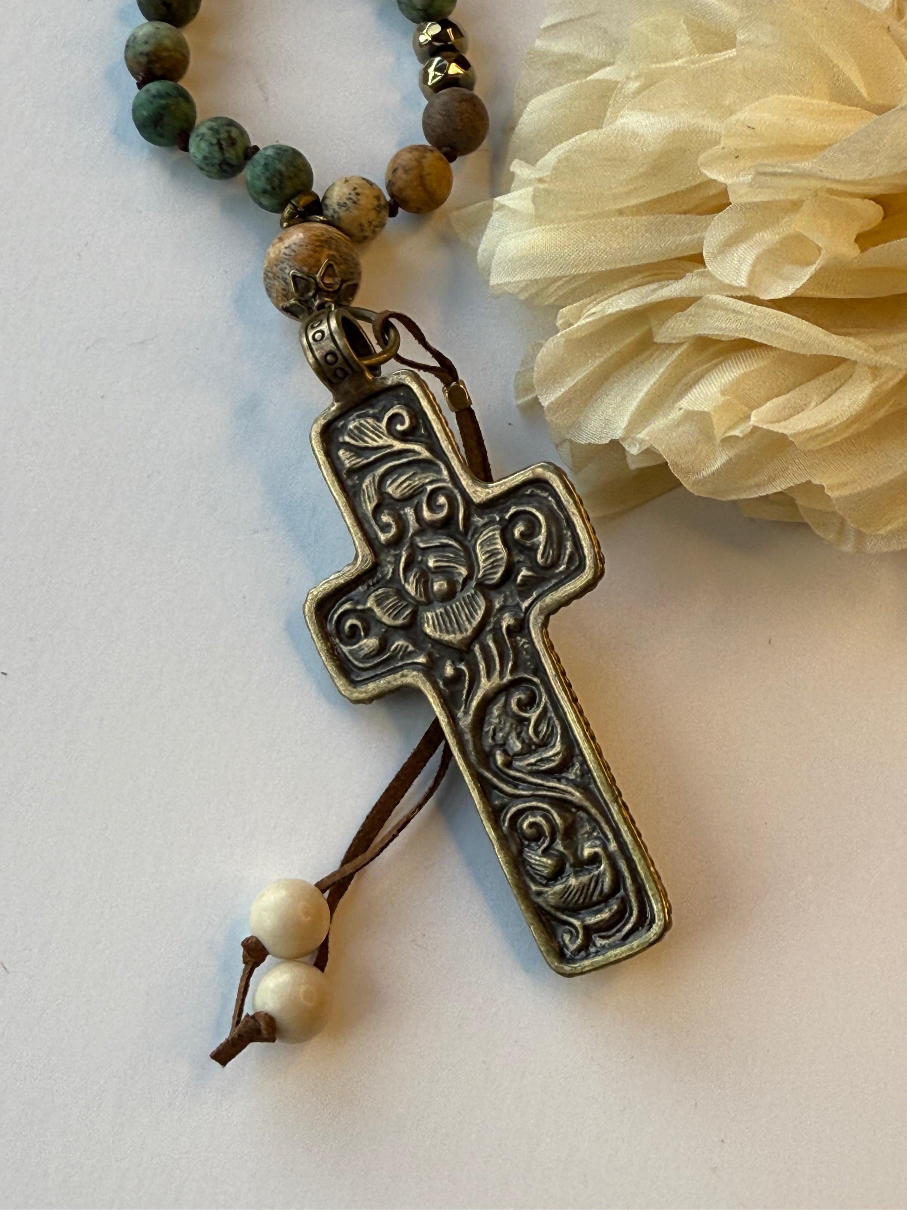 Bone Cross with Brass Center Embellishment Necklace