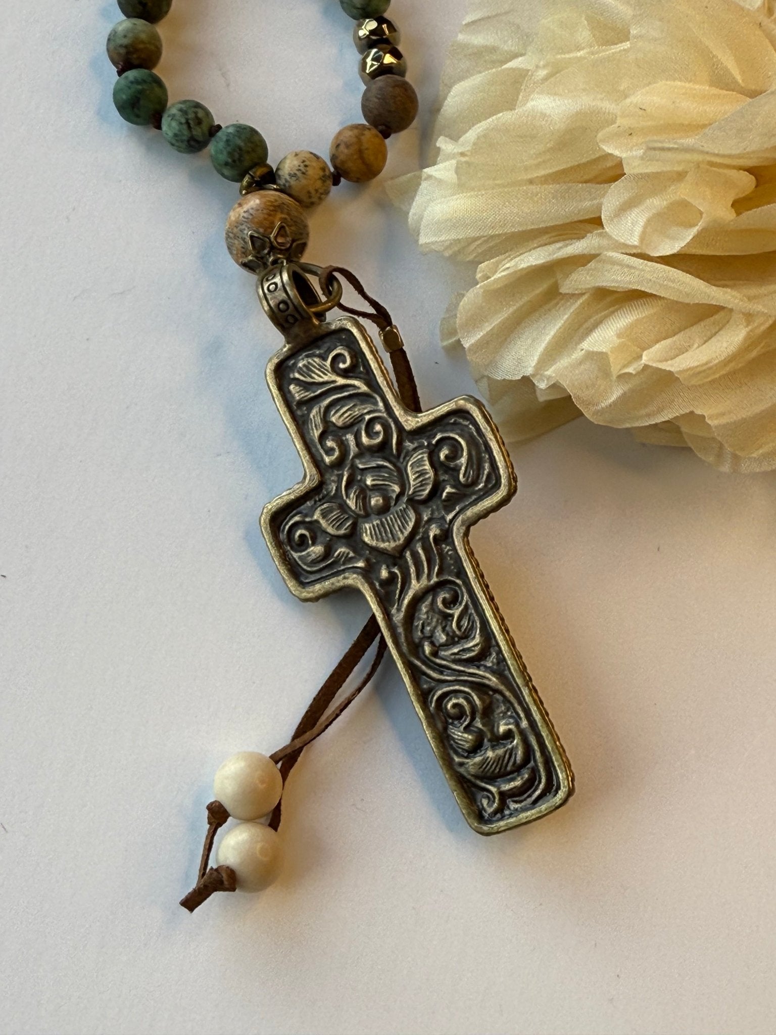 Bone Cross with Brass Center Embellishment Necklace - Vintage Vault Boutique