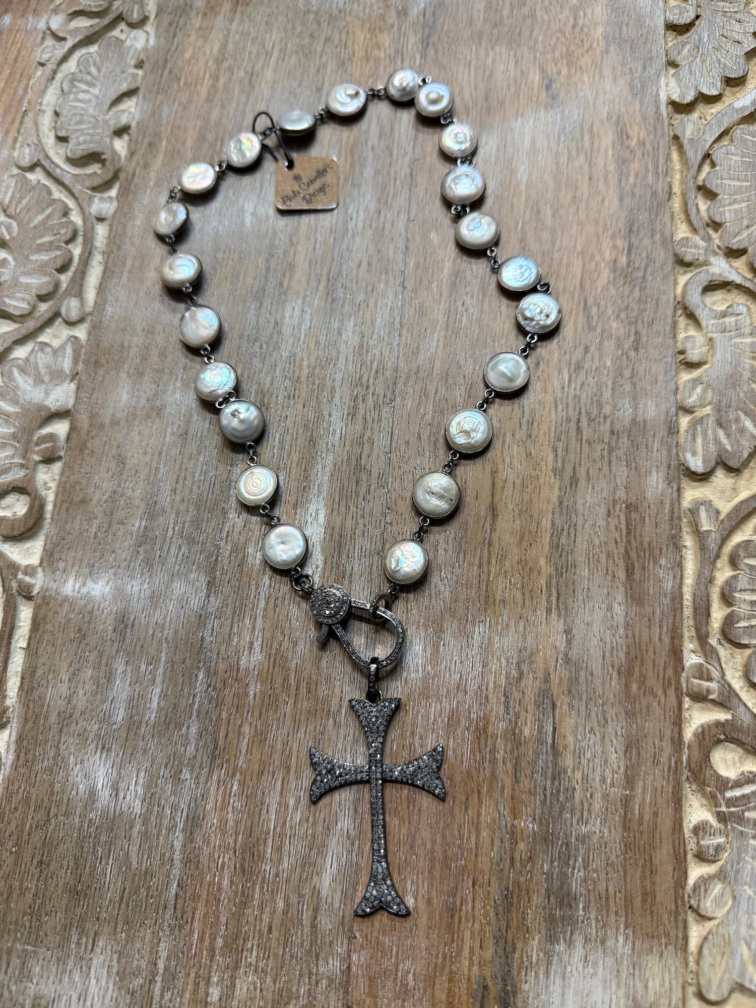Diamond Cross on Coin Pearls Necklace