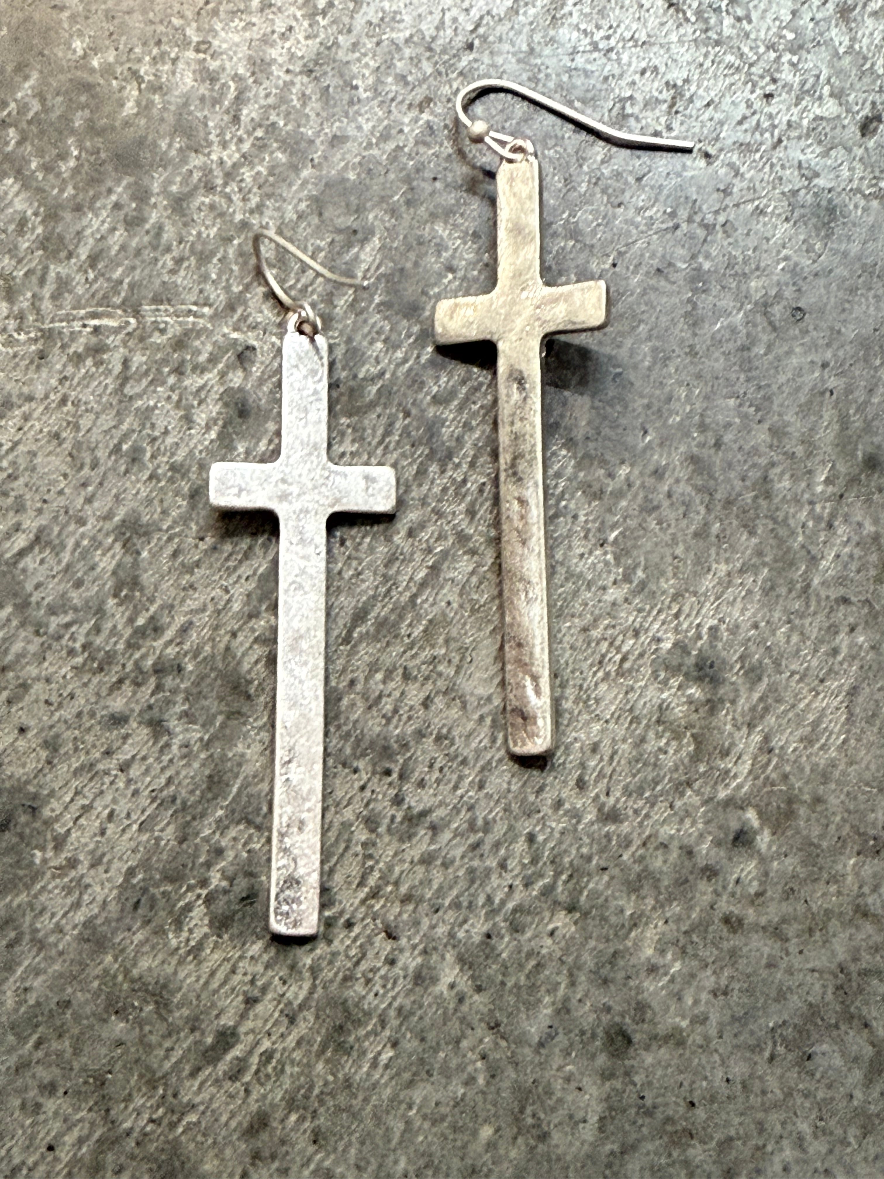 Hammered Silver Cross Dangle Earrings