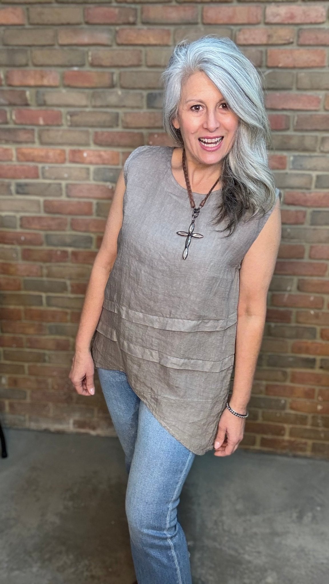 Taupe Linen Tank with Tucks - Vintage Vault Boutique