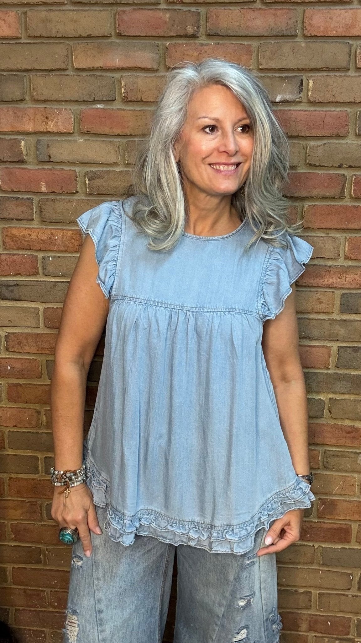 Ruffle Accent Chambray Top - Vintage Vault Boutique