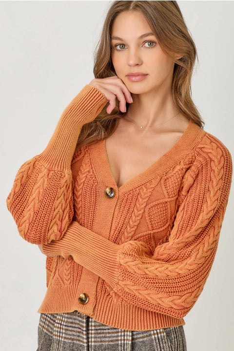 Washed Cable Knit Cardigan - Burnt Orange
