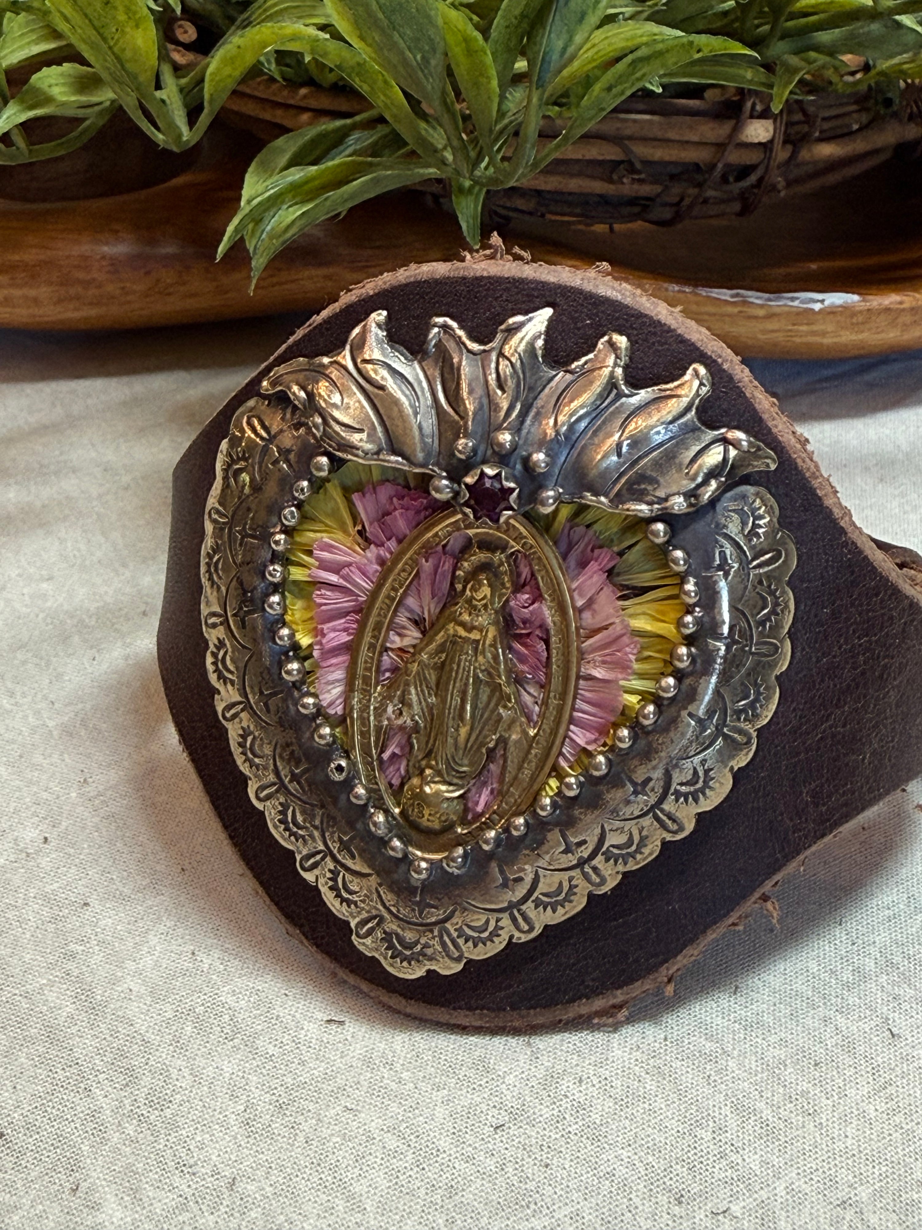 Flaming Heart with Lady of Guad Leather Cuff