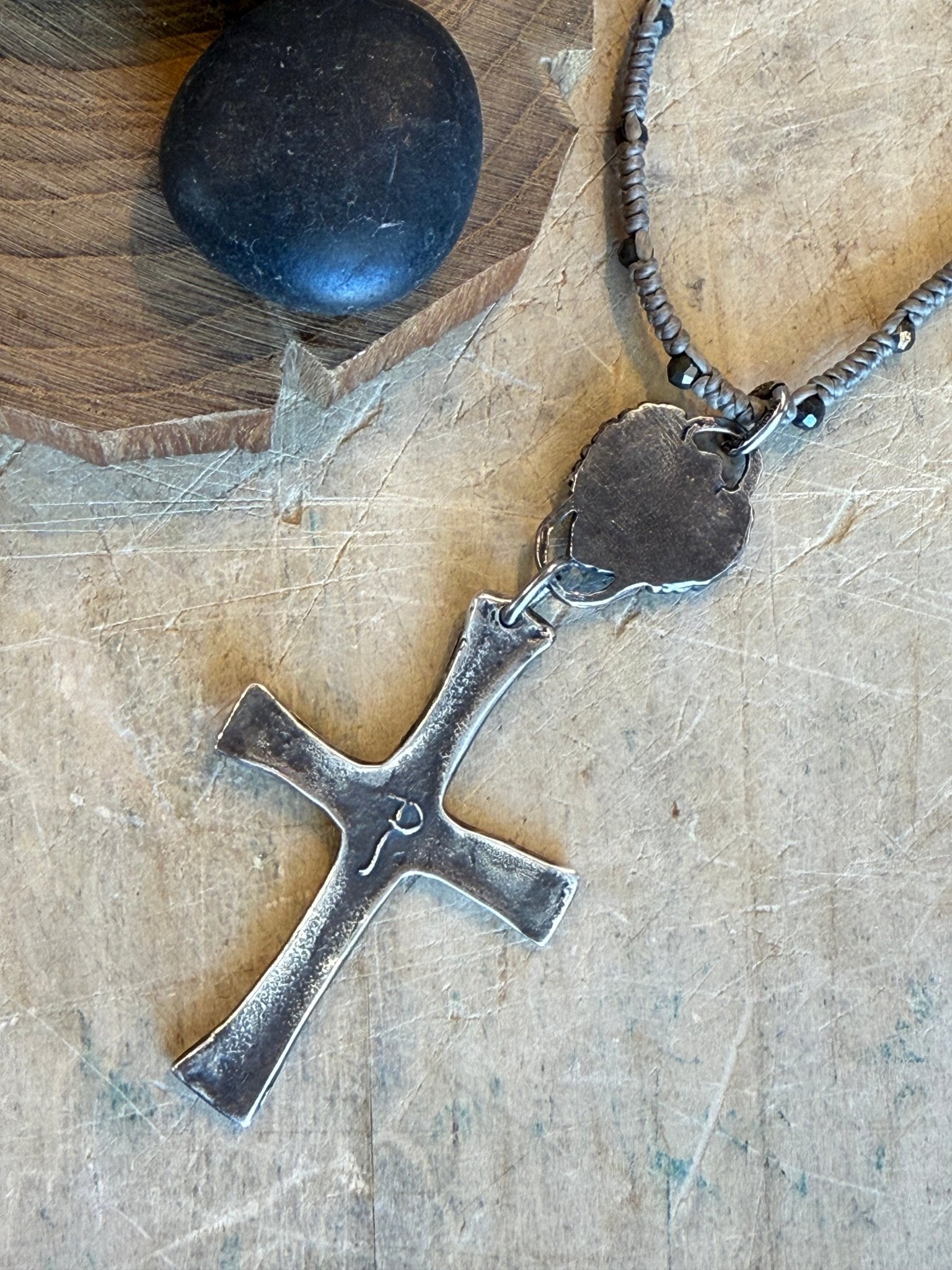 Cross on Braided Pyrite Strand Necklace - Vintage Vault Boutique