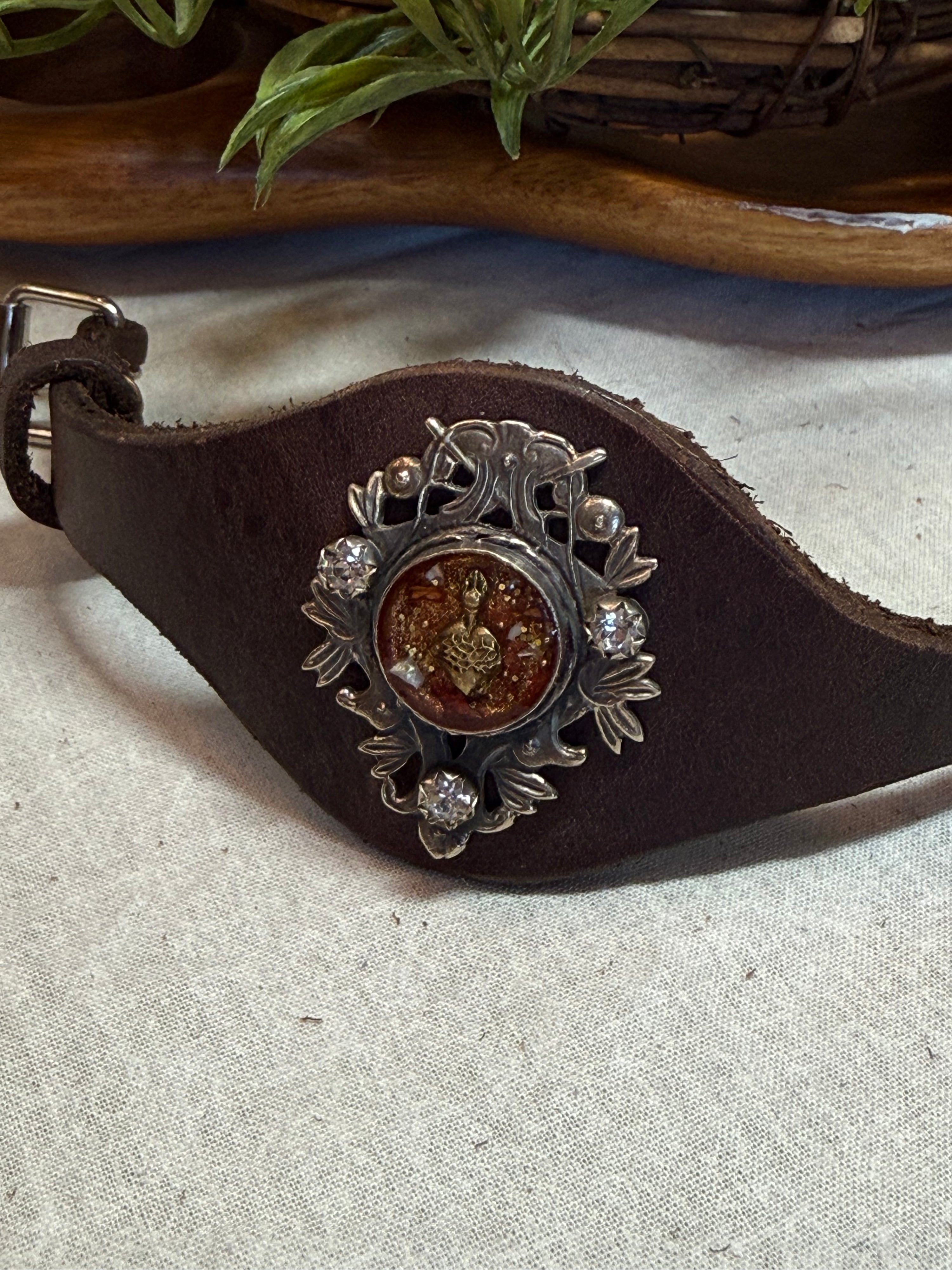 Red Sacred Heart on Leather Buckle Bracelet
