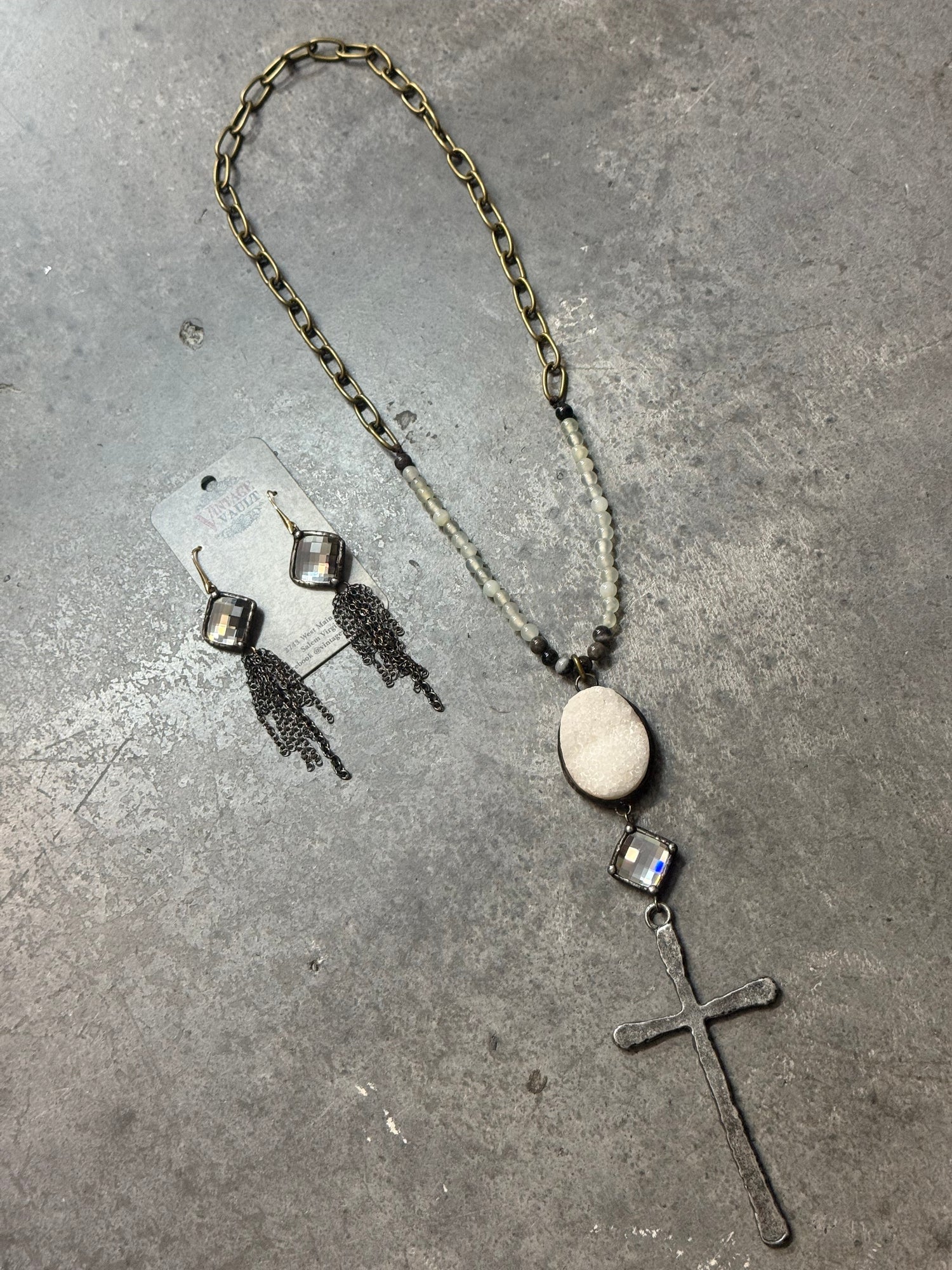 Iron Cross and Quartz Necklace