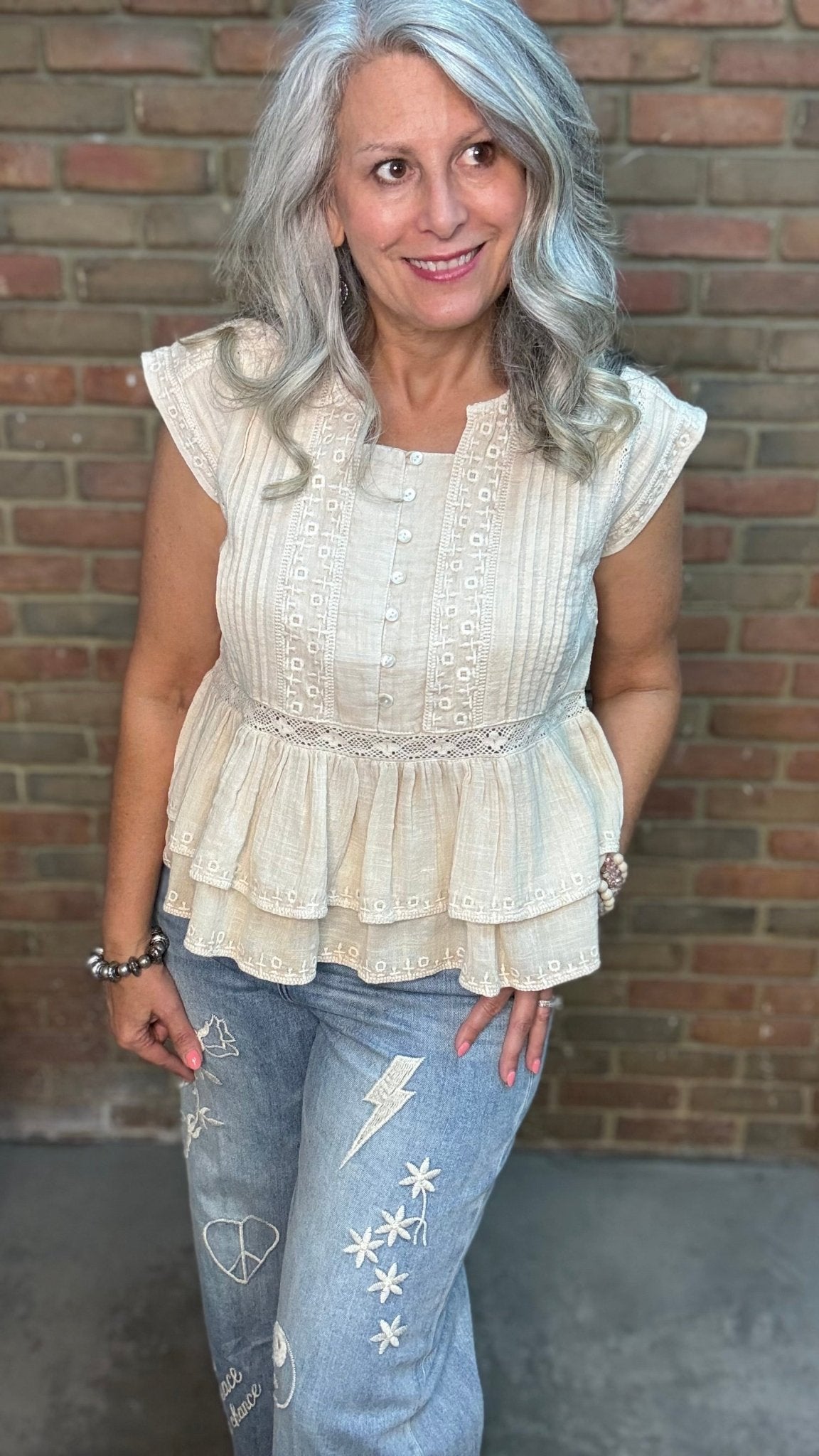 Tan Pleated Eyelet Top - Vintage Vault Boutique