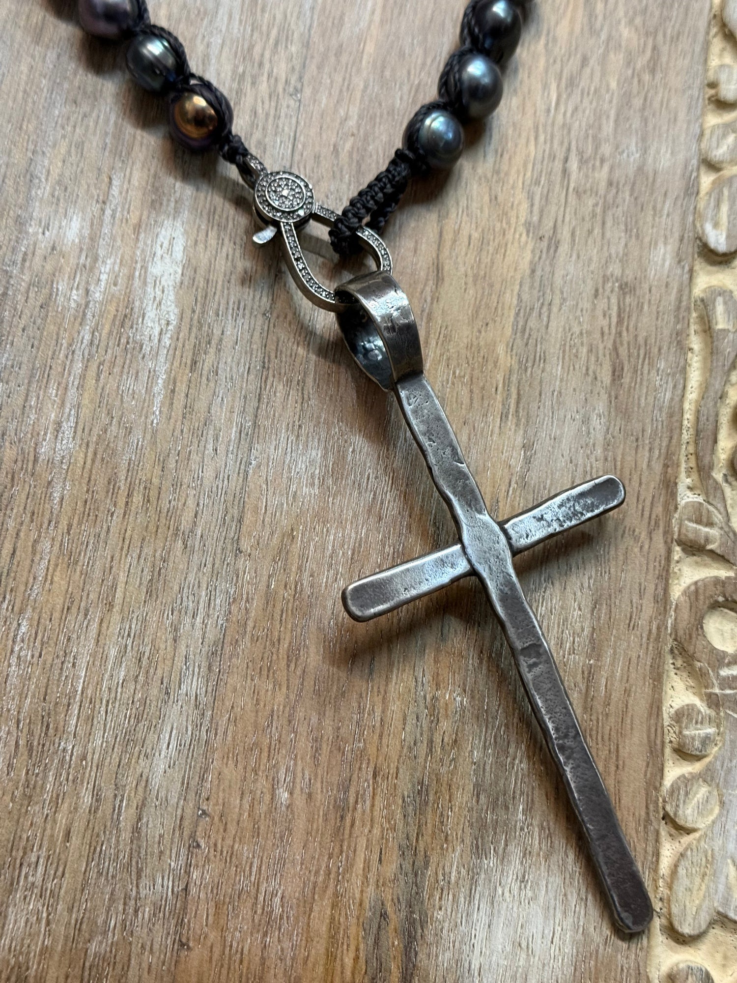 Large Silver Cross on Peacock Pearls Necklace