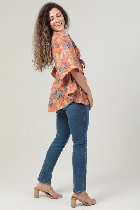 Rust V-Neck Circle Waist Tie Top