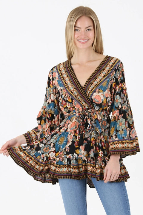 Black Floral V-Neck Tie Tunic Top