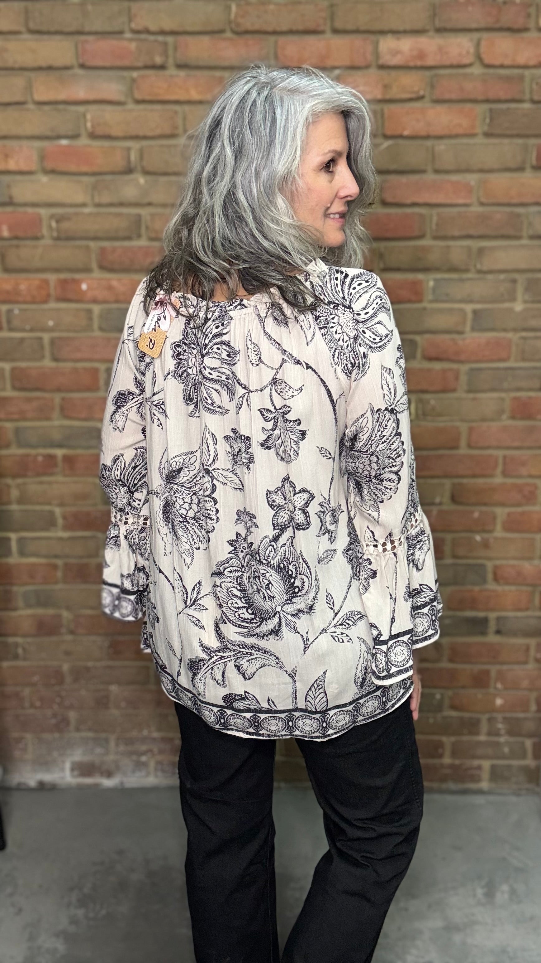 Ivory Printed Tie Neck Top