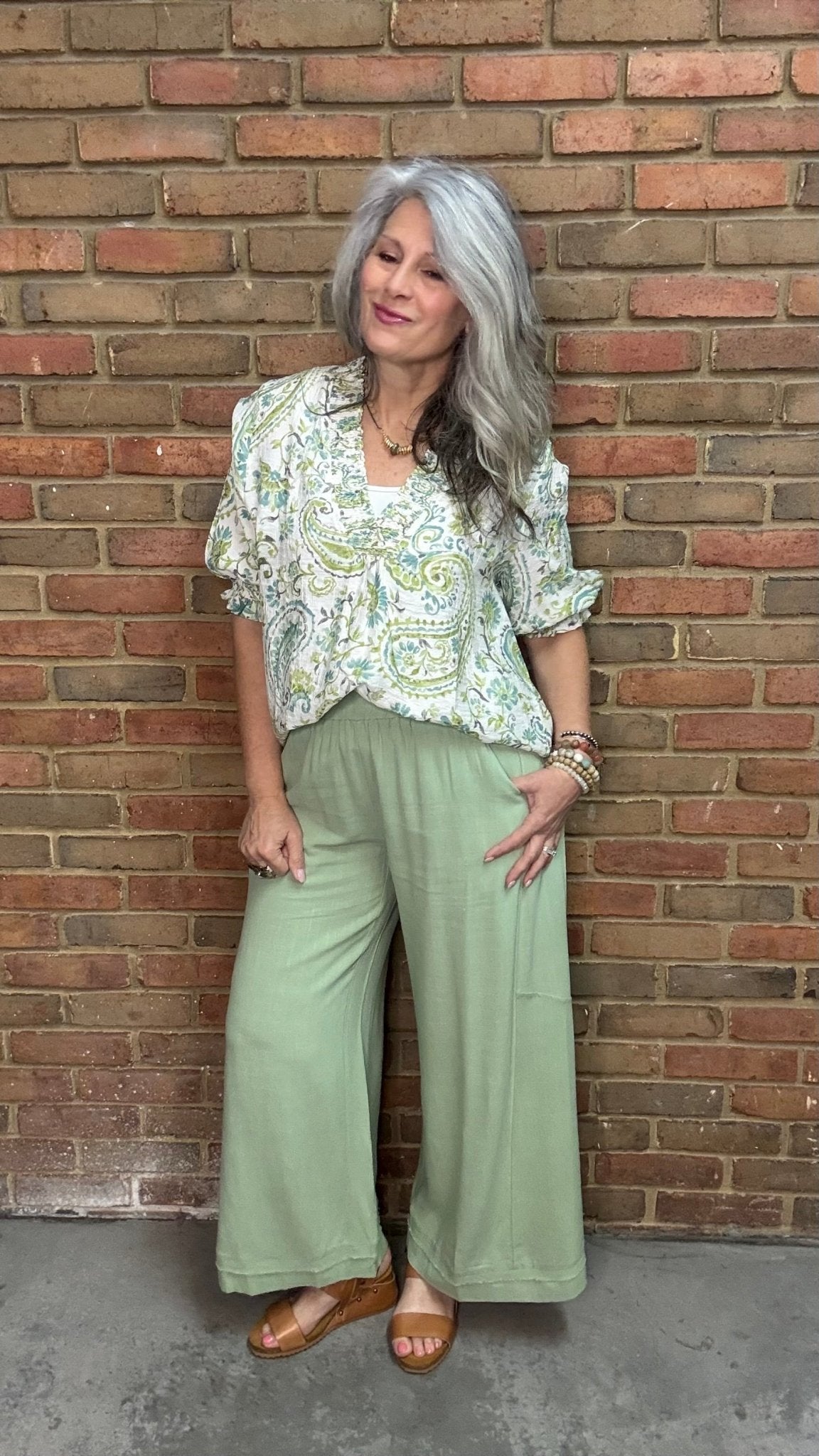 Sage Linen Blend Stitch Pant - Vintage Vault Boutique