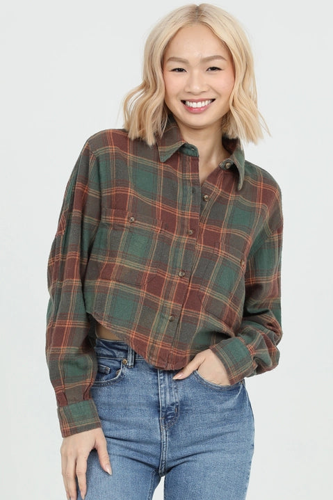Green Plaid Crop Flannel Top