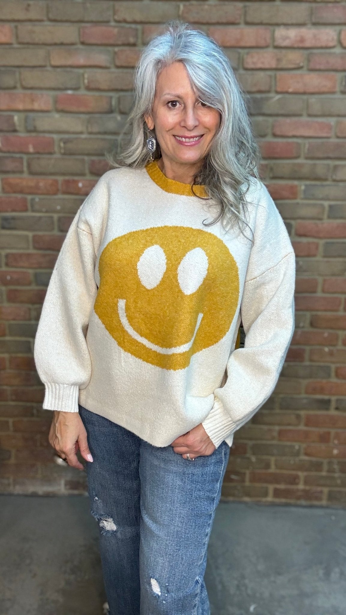 Golden Smiley Face Sweater - Vintage Vault Boutique