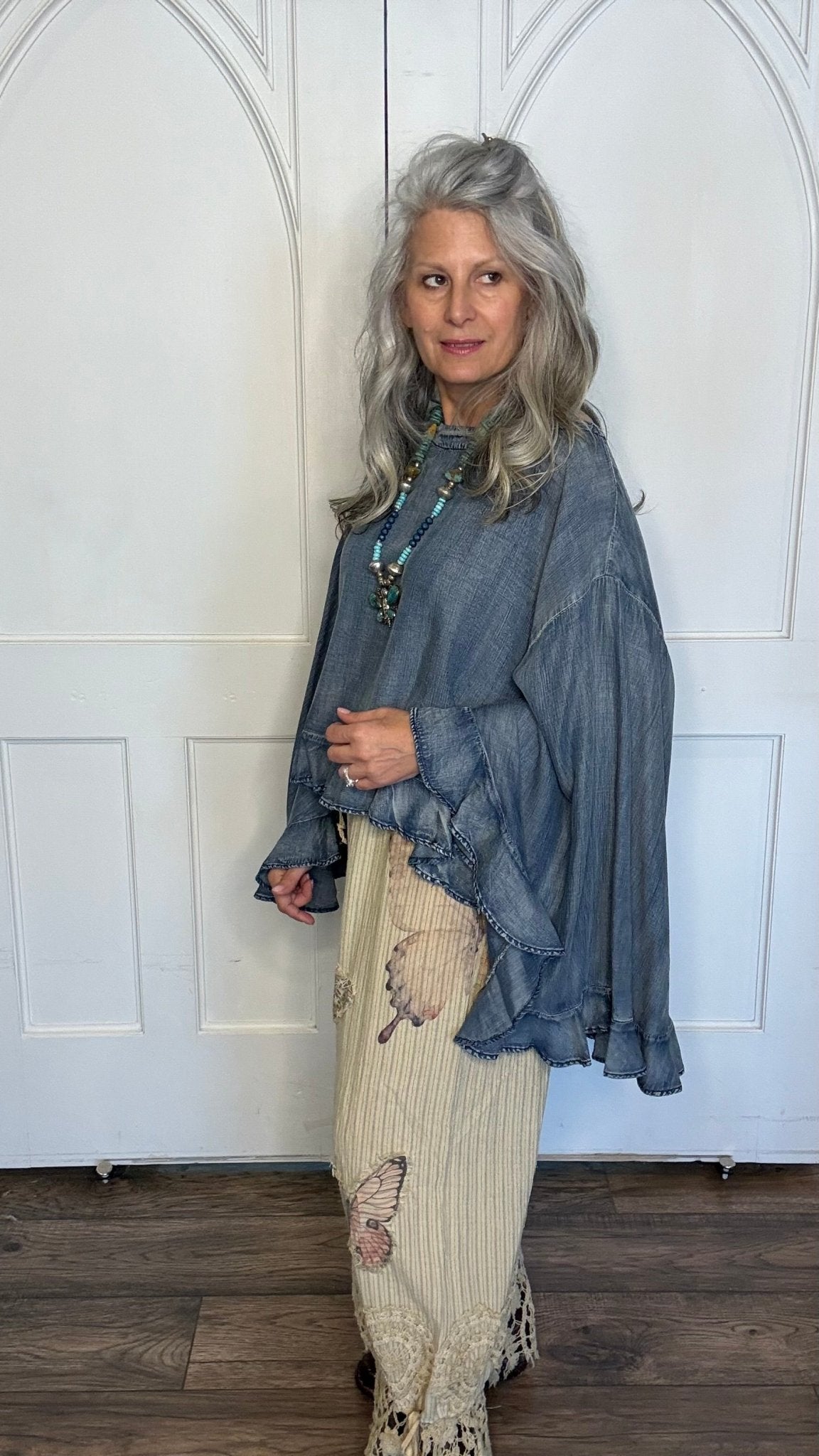 Blooming Grace Top -Chambray - Vintage Vault Boutique