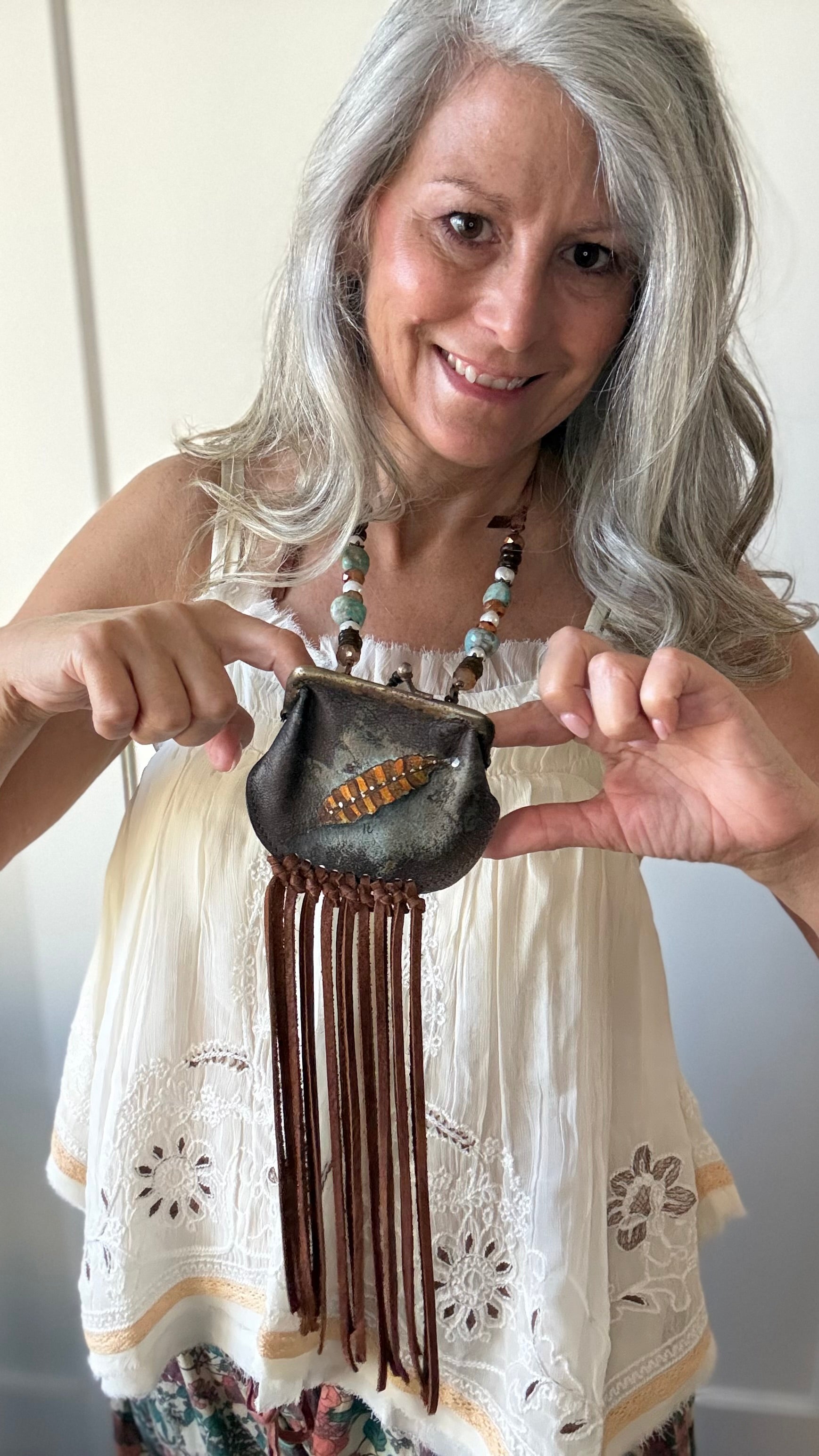 Feather Painted Coin Purse Necklace
