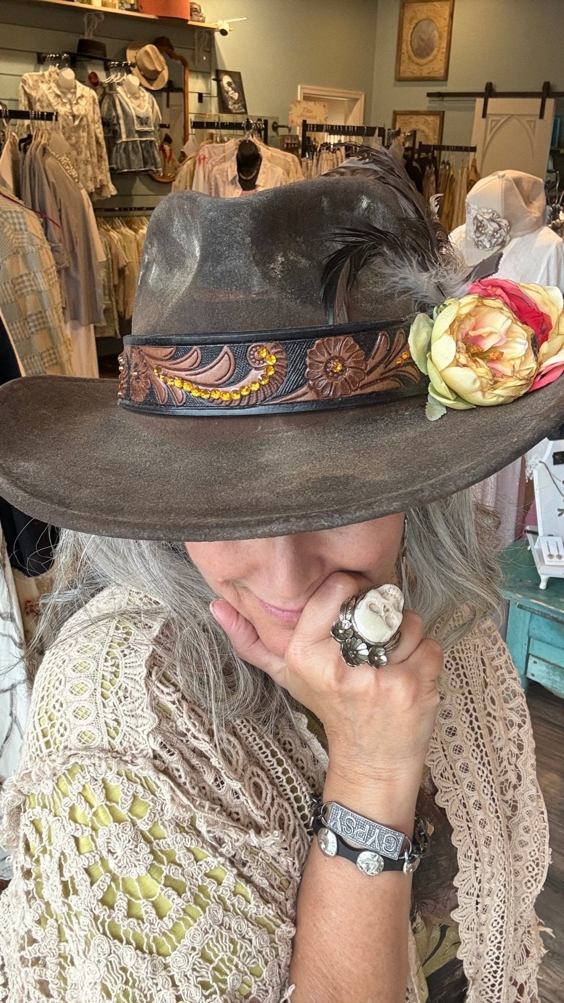 Yellow Rose Embossed Band Cowboy Hat by A Rare Bird - Vintage Vault Boutique