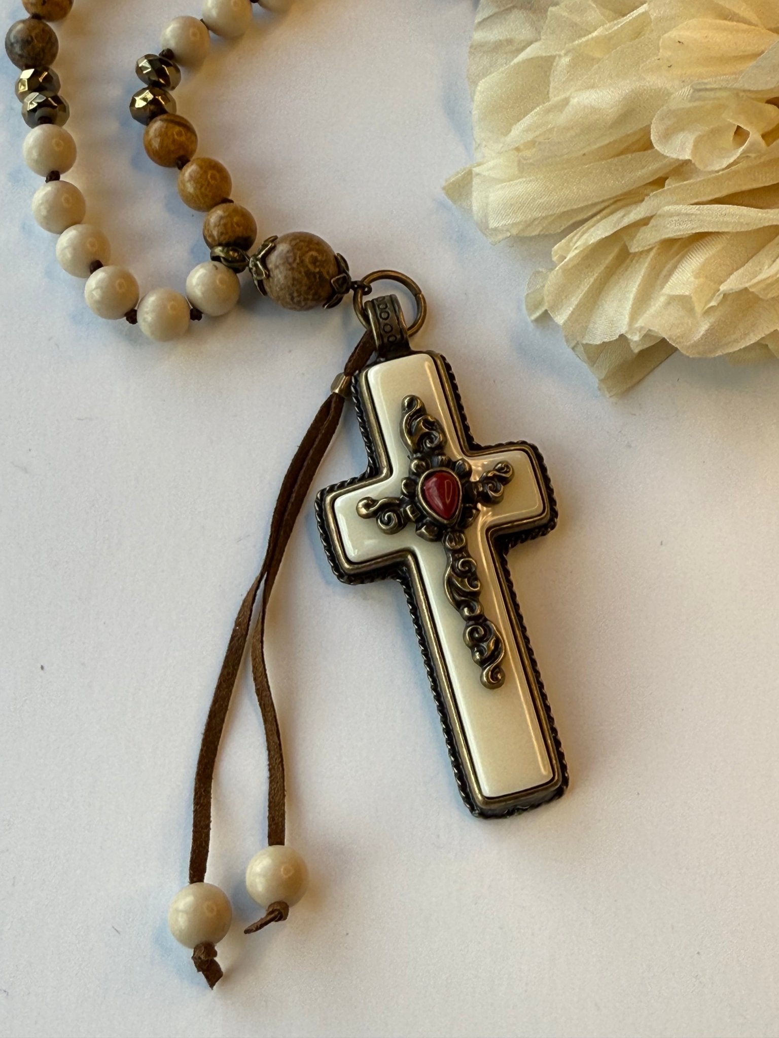 Bone Cross with Brass Center Embellishment Necklace - Vintage Vault Boutique