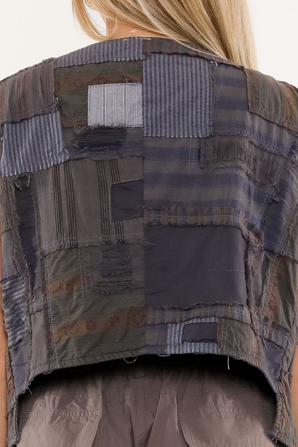 Close up back view of Patchwork Charcoal Vest.