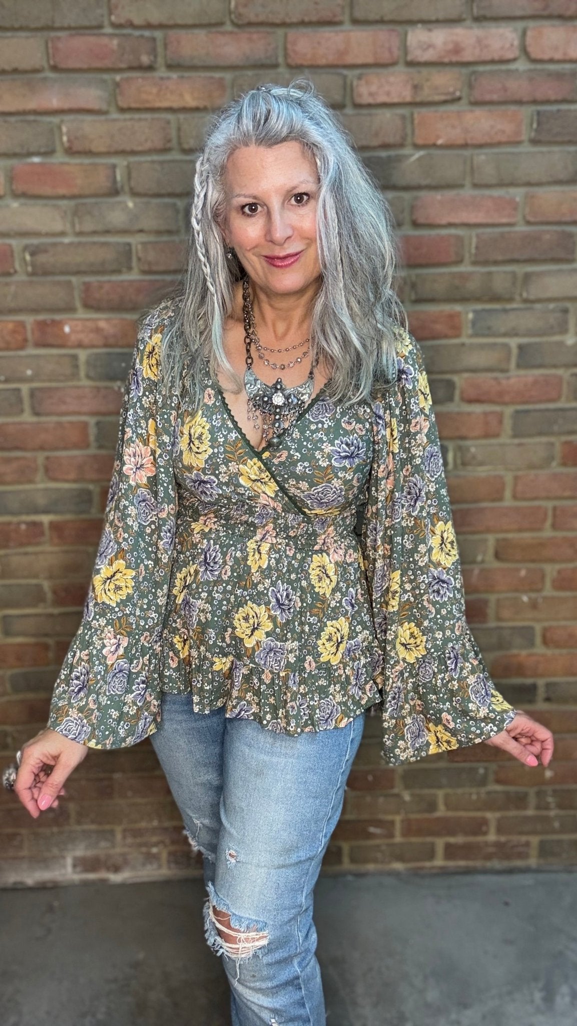 Long Flare Sleeve Flowy Top - Olive - Vintage Vault Boutique
