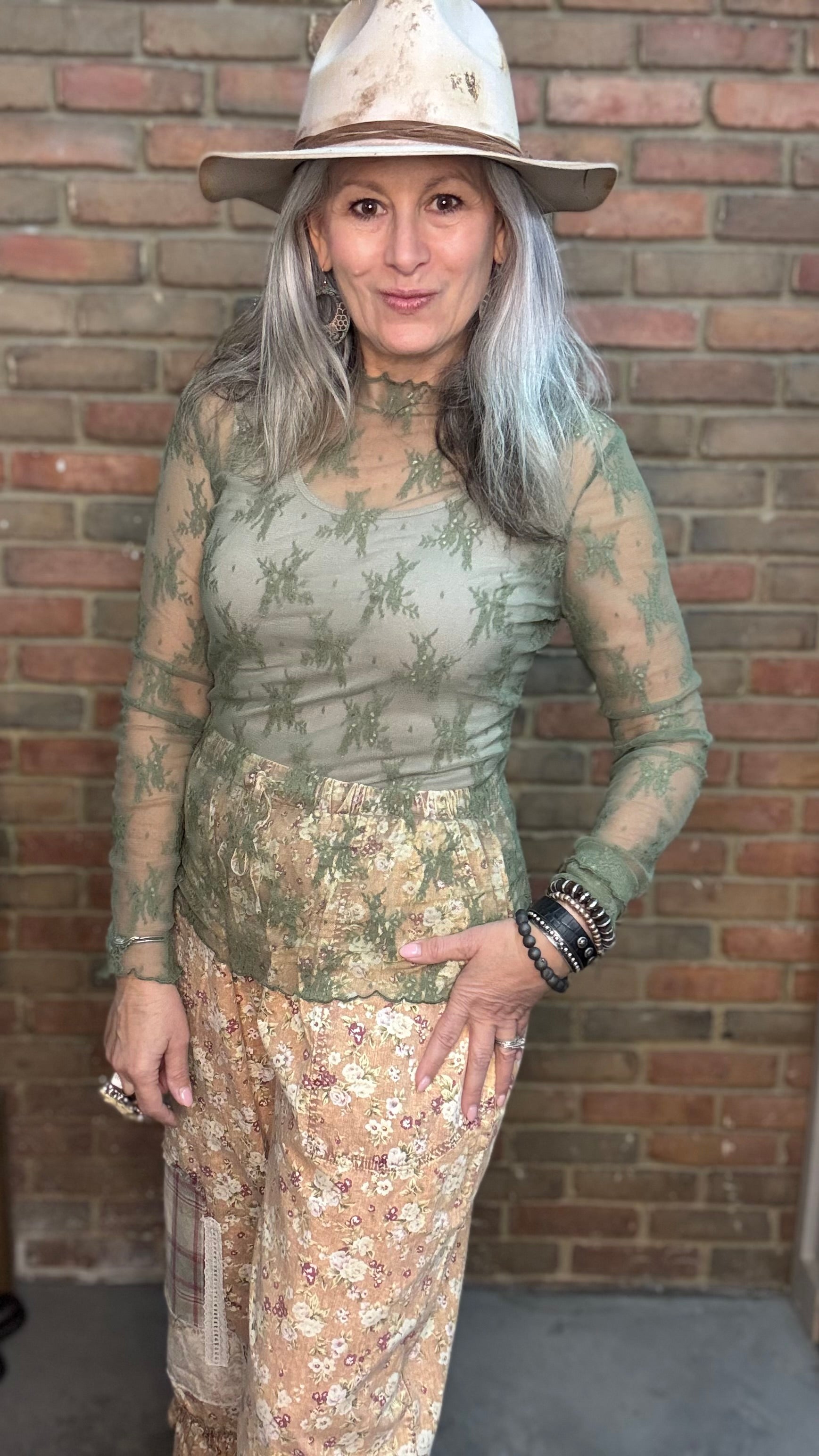 Embroidery Long Sleeve Mesh Top