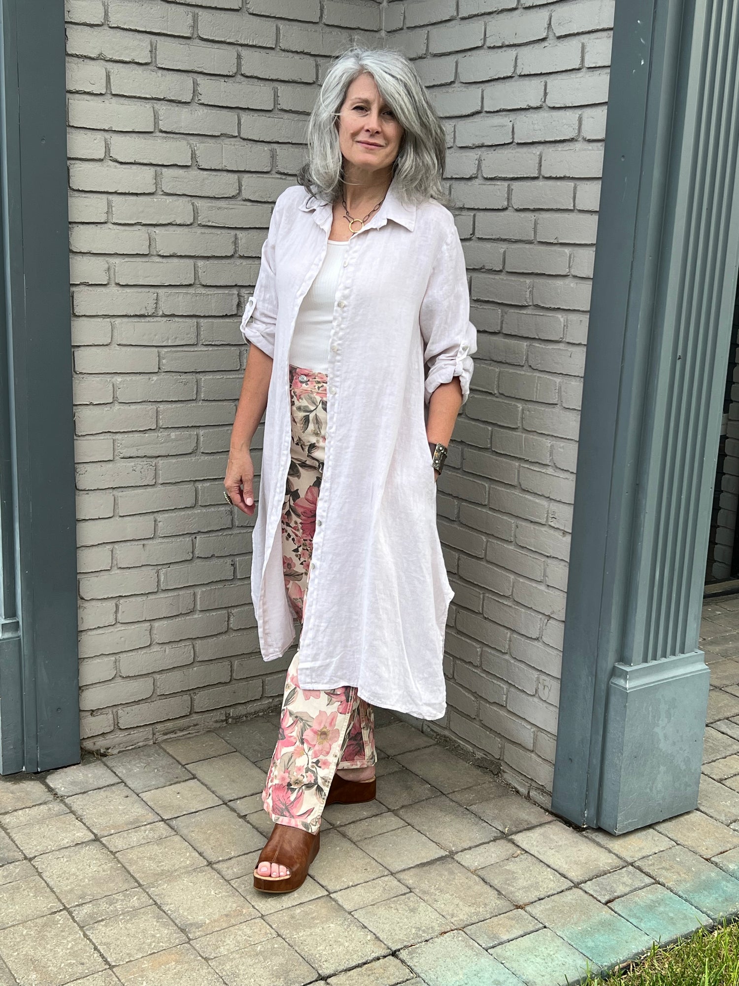 Linen Button Front Beige Shirt Dress