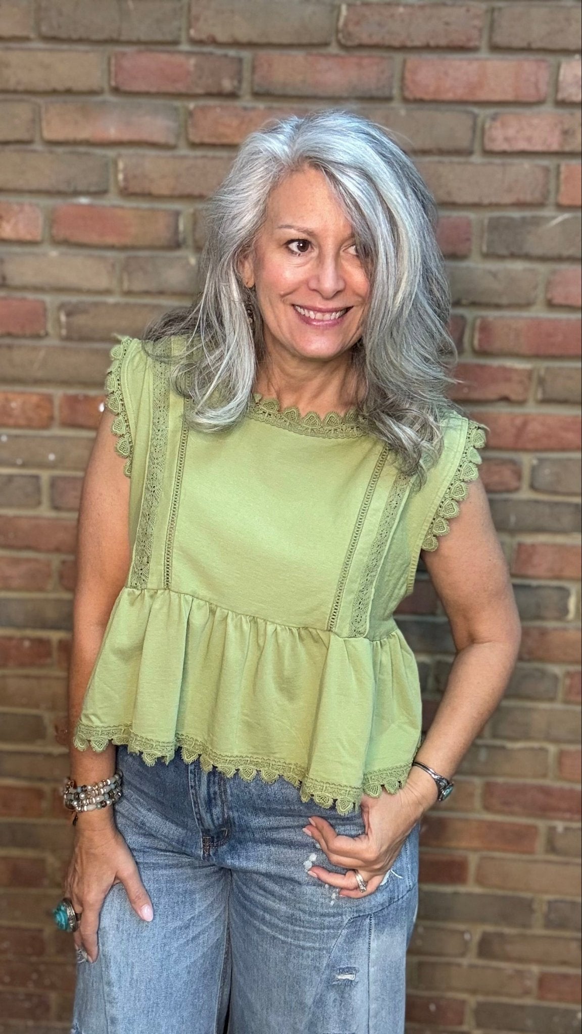 Matcha Washed Lace Sleeveless Top - Vintage Vault Boutique