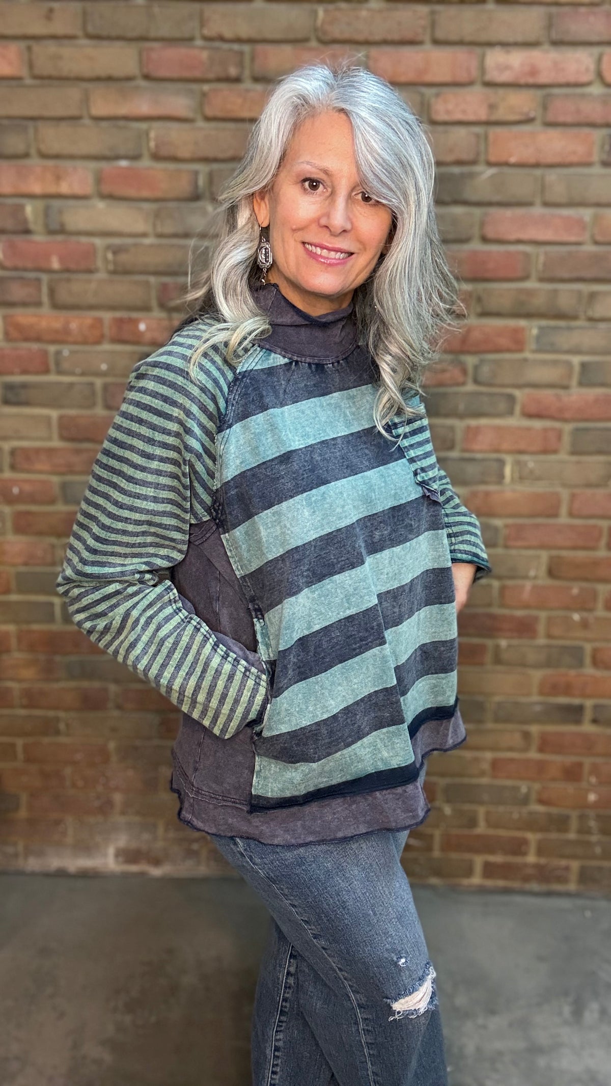 Navy/Green Mock Neck Stripe Mix Top