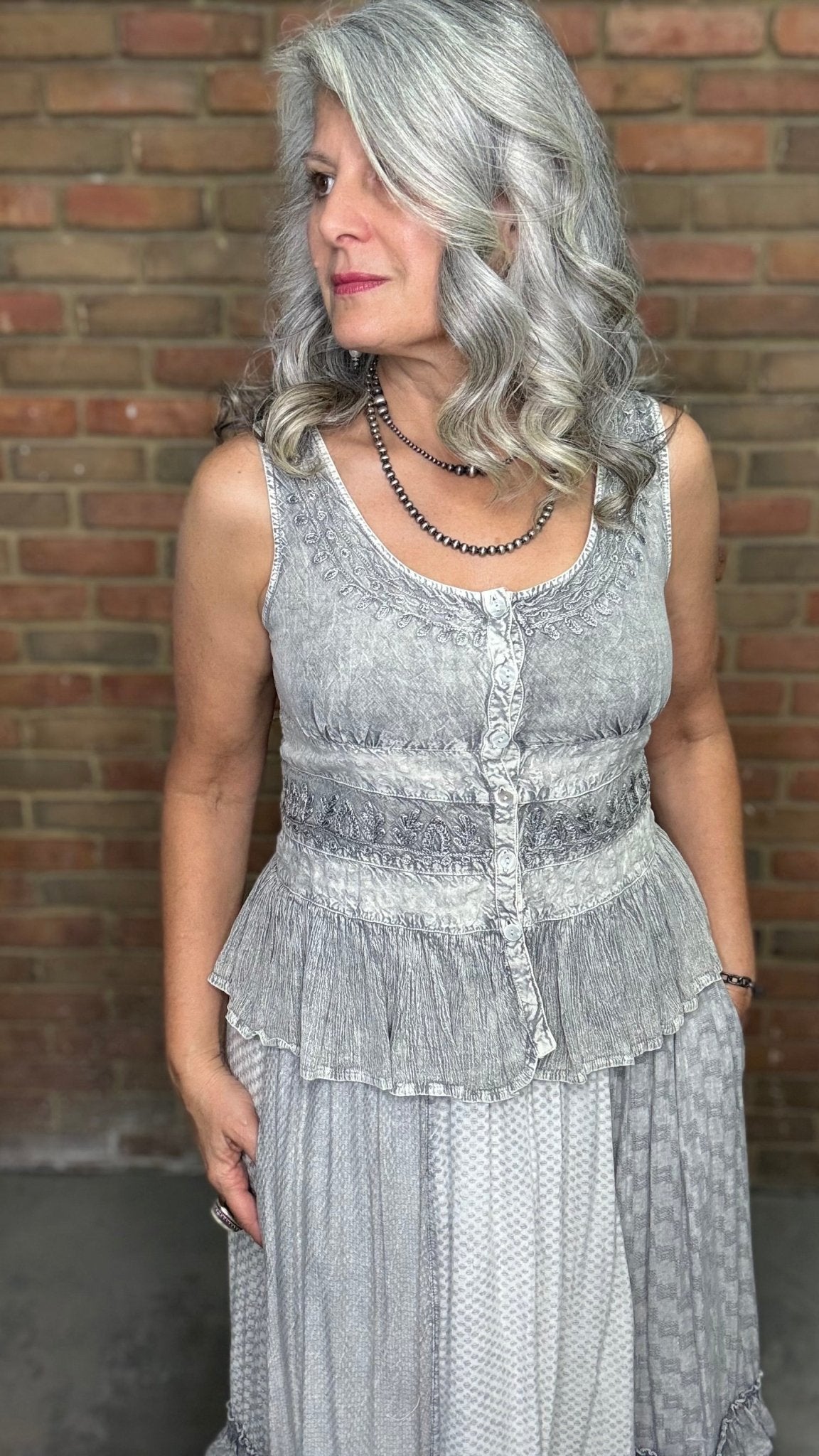 Grey Button Up Tank Top - Vintage Vault Boutique