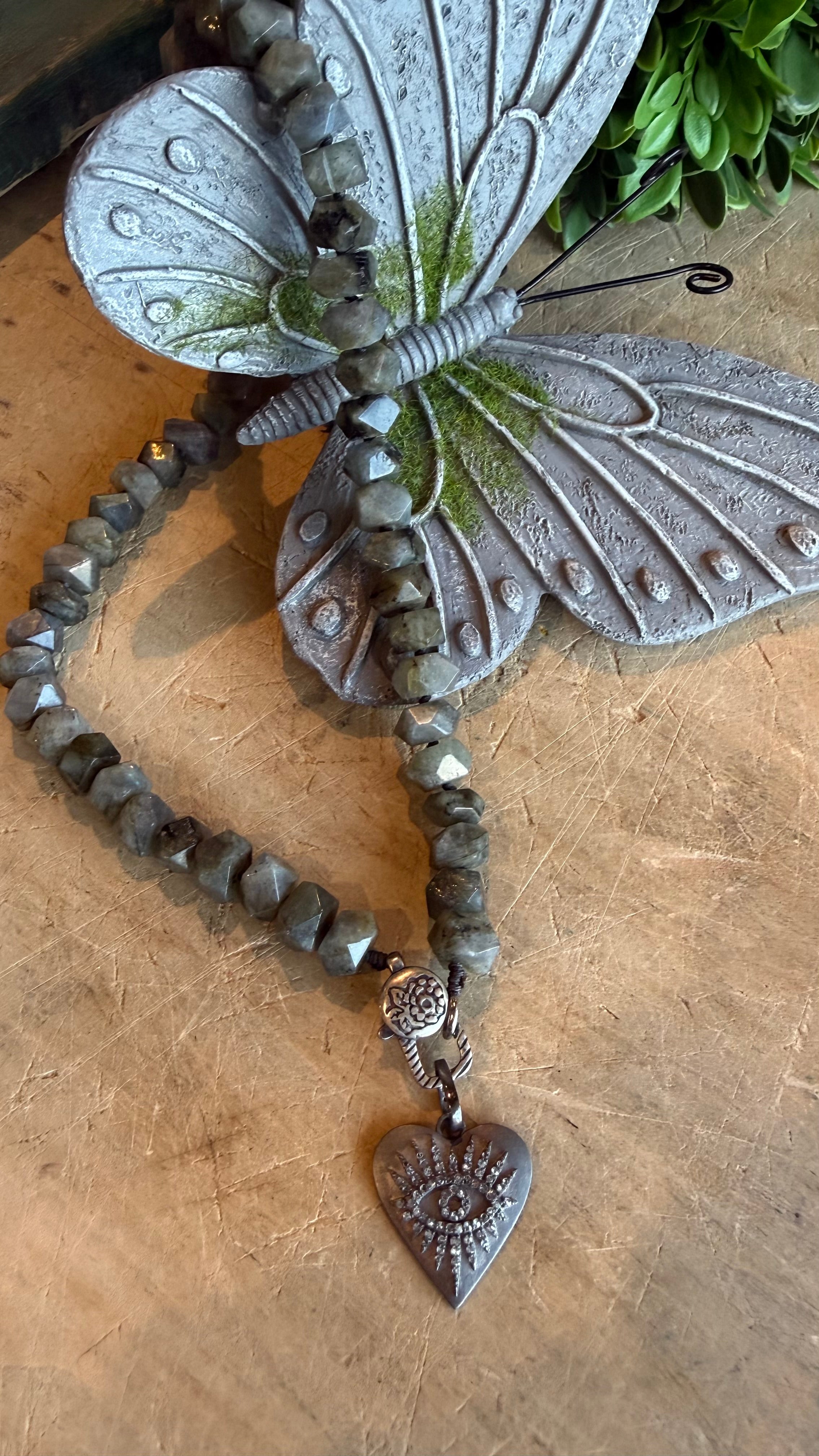 Diamond Evil Eye on Labradorite Charm Holder Necklace